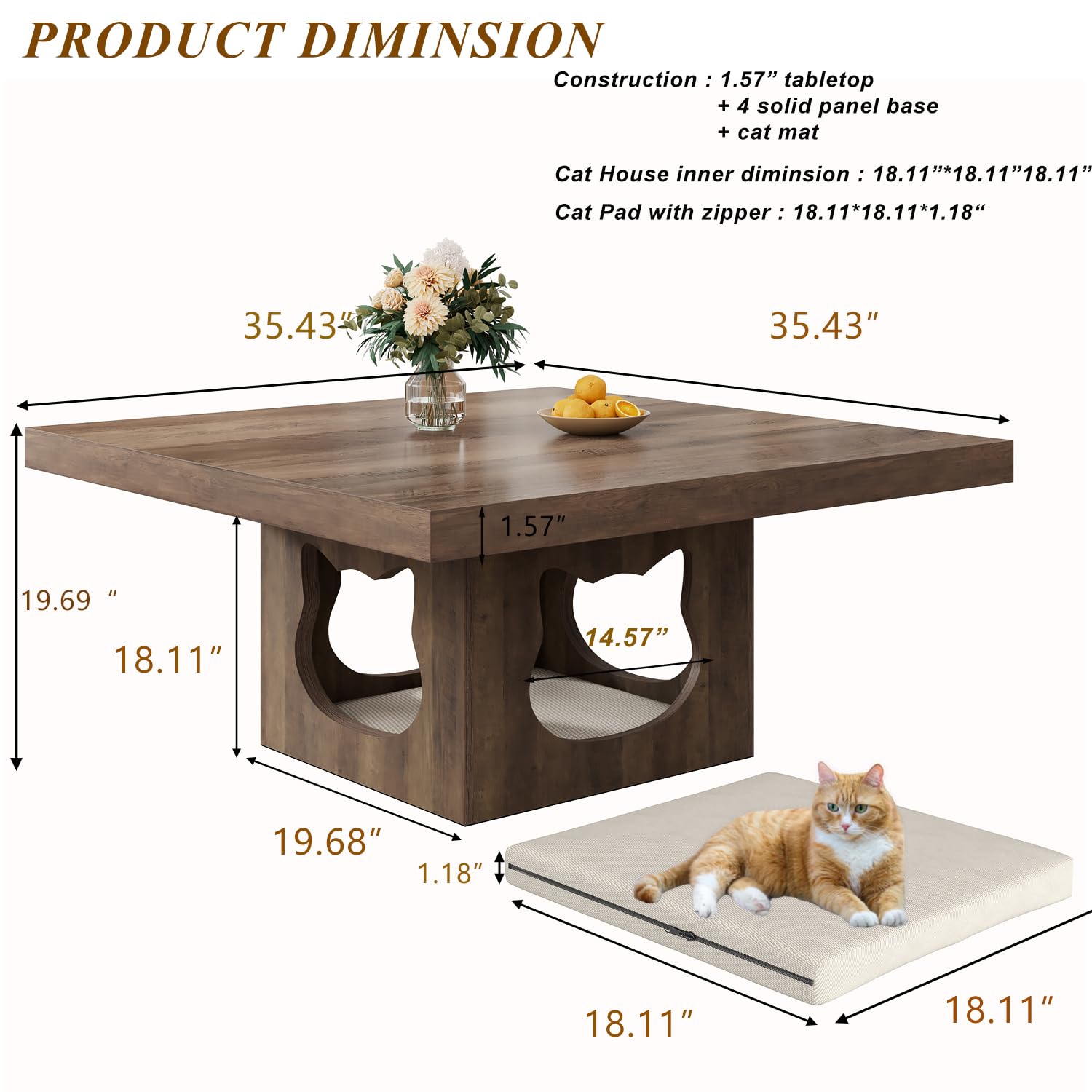 HSH Couchtisch Holz Wohnzimmertisch Sofatisch Beistelltisch Couchtisch mit Katzenhaus Kissen Industrieller Quadratischer Tish Rustikal Eiche 90 cm