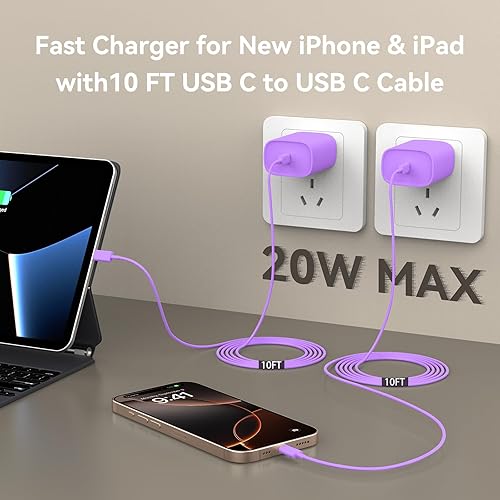Miniatura 3 de Cargador para iPhone 15 de carga rápida, certificado MFi cable de carga USB C a C de 10 pies de largo con bloque de carga rápida de iPhone de 20 W