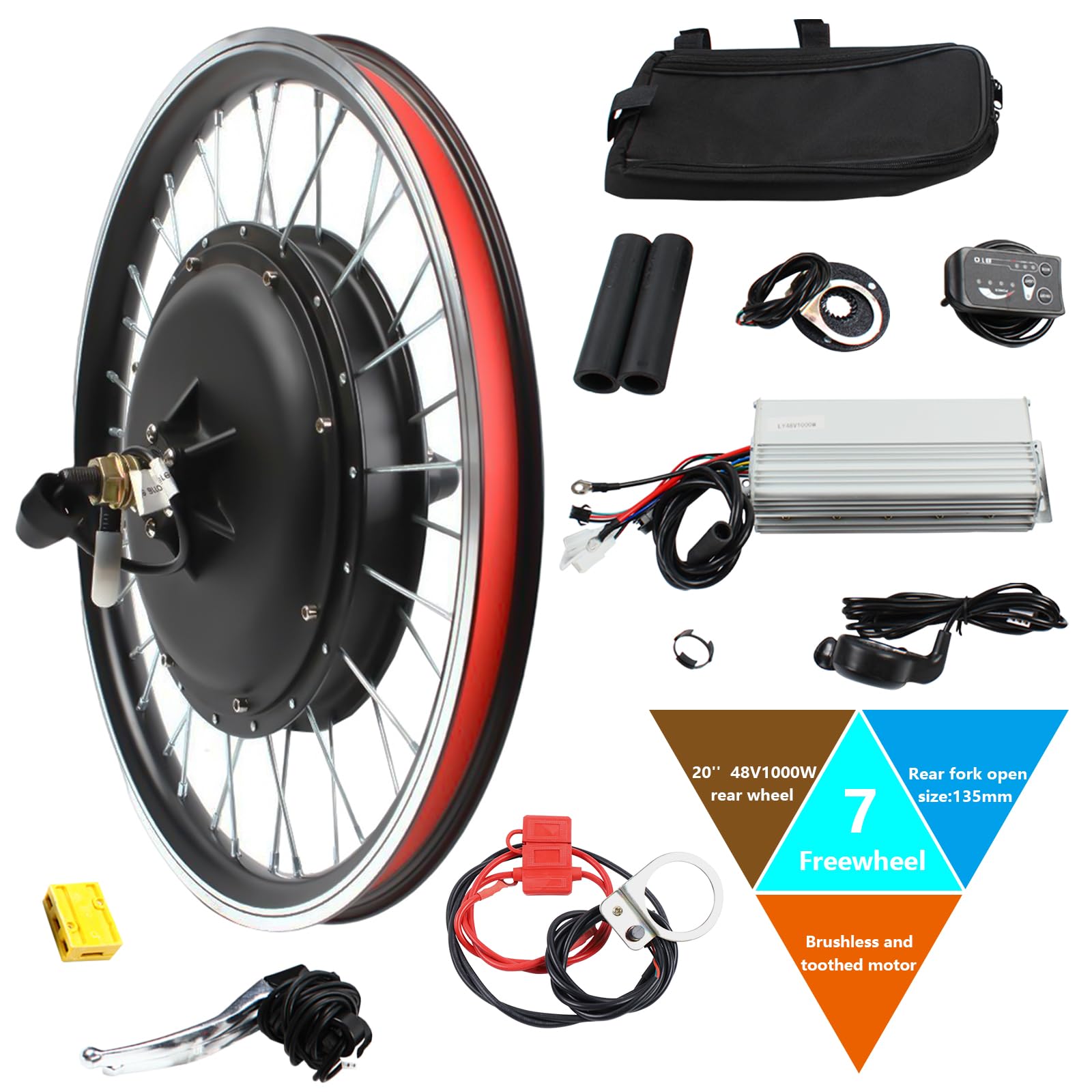 20'' Elektro-Fahrrad Conversion Kit Electric Bicycle Motor Umbausatz Vorderrad/Hinterrad Elektrofahrrad LED-Anzeige, Daumengas, Elektronische Kraftbremse (48V 1000W Hinterrad)