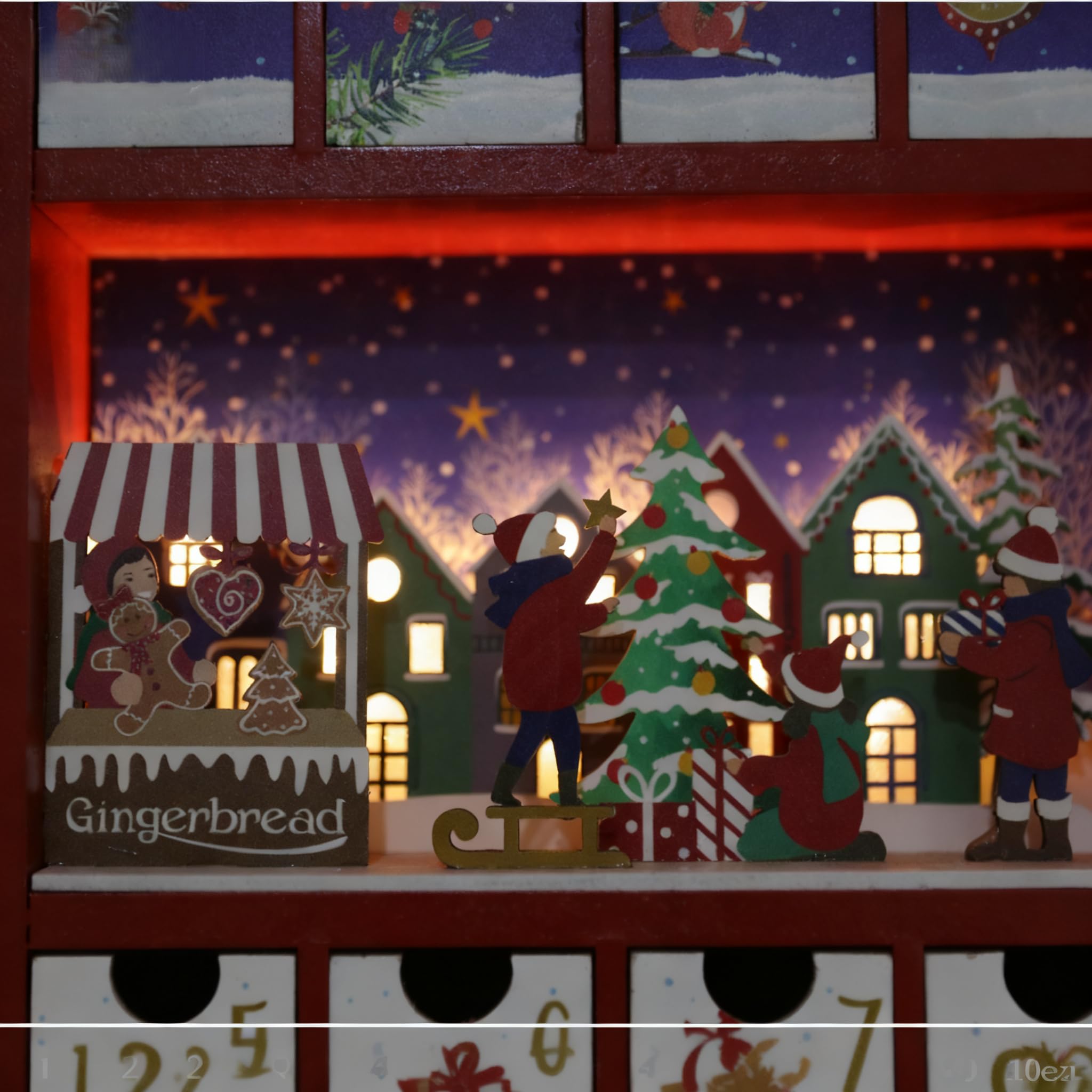 PE Adventskalender Holz befüllbar, LED Weihnachtskalender, 24 Schubladen | Weihnachtskalender, 2 LED-3D-Szenen, Winterdorf und Rentierschlitten, wiederverwendbar, Tischdeko, Batterien nicht enthalten