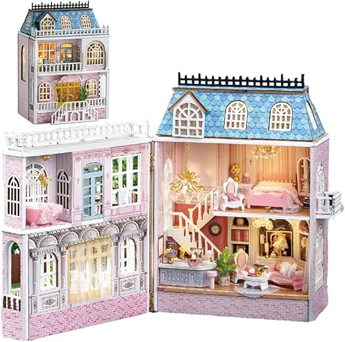 Miniatura 10 de Kit de muebles de casa de muñecas de madera en miniatura, mini casa de muñecas hecha a mano con LED, escala 124, juguetes creativos para