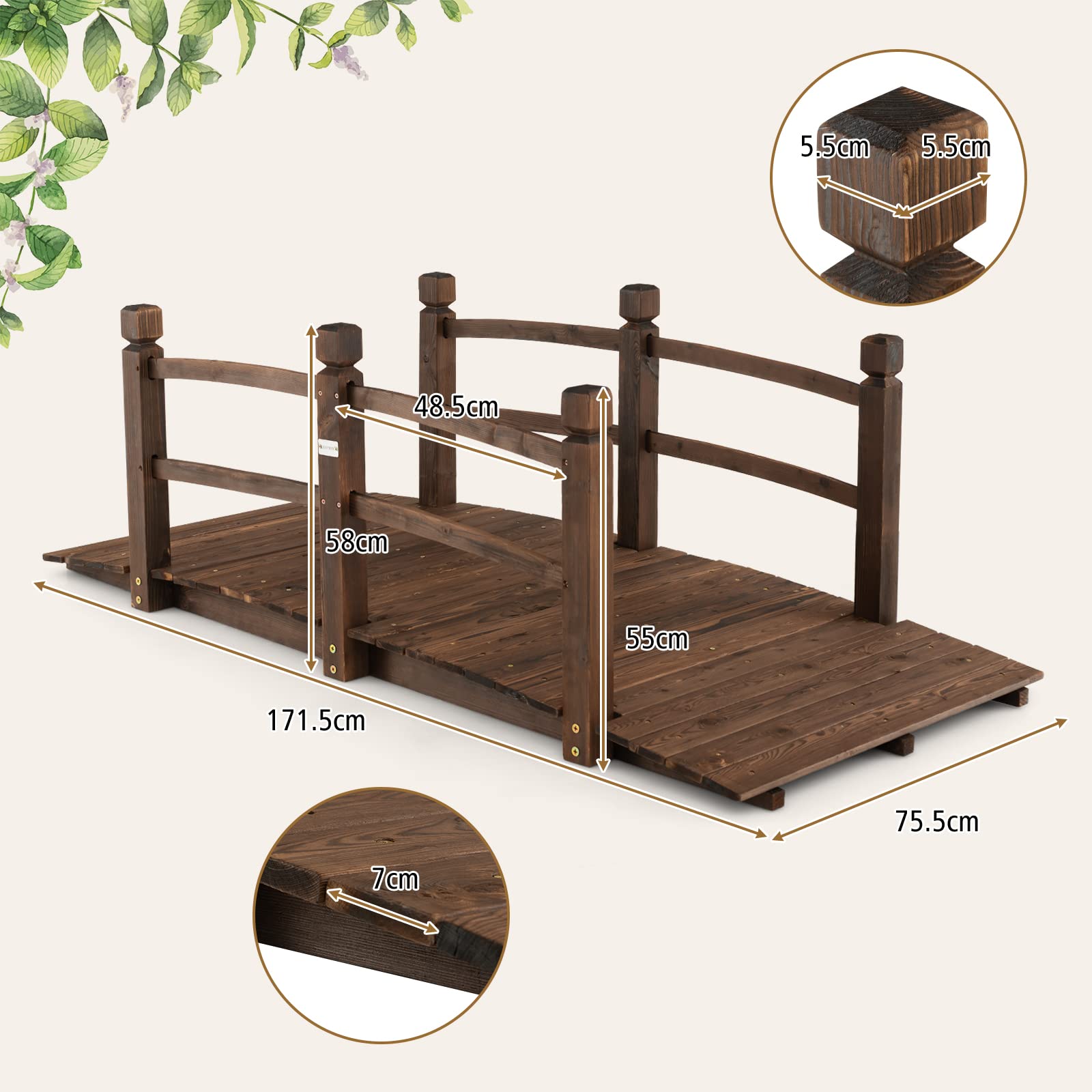 RELAX4LIFE Puente de jardín de Madera de Abeto, Puente de Estanque con barandilla, Puente de Madera, Puente Decorativo para jardín, Estanque, terraza, Patio, marrón Oscuro, 171,5x75,5x58cm