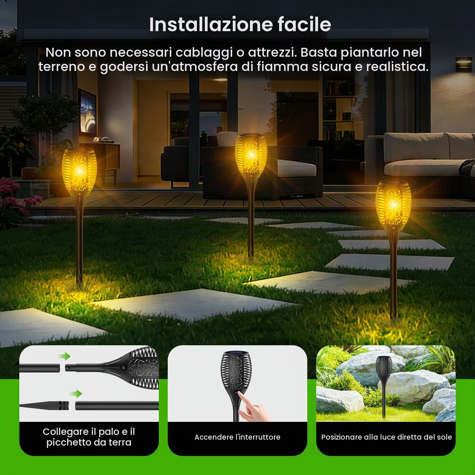 Luci Solari da Esterno 4 Pezzi, Lampade Solari da Giardino con 33 LED Torcia Solare Effetto Fiamma Tremolante Realistico, IP65 Impermeabile, Luce Solare LED da Esterno per Giardino, Vialetto