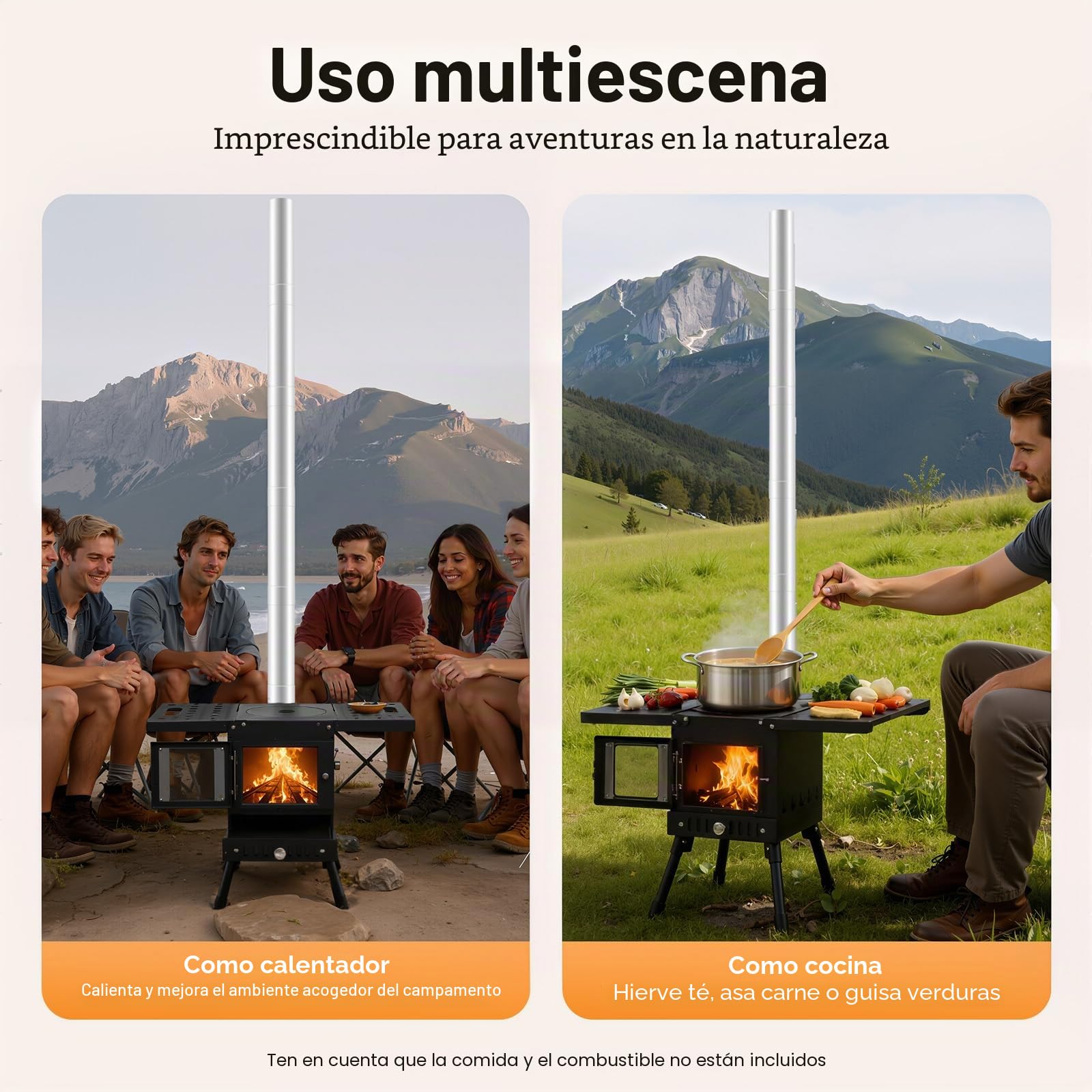 Estufa de tienda de campaña, estufa de leña portátil con tubos de chimenea independientes, estufa de camping, calefacción de tienda de campaña, para exterior, camping y cocina