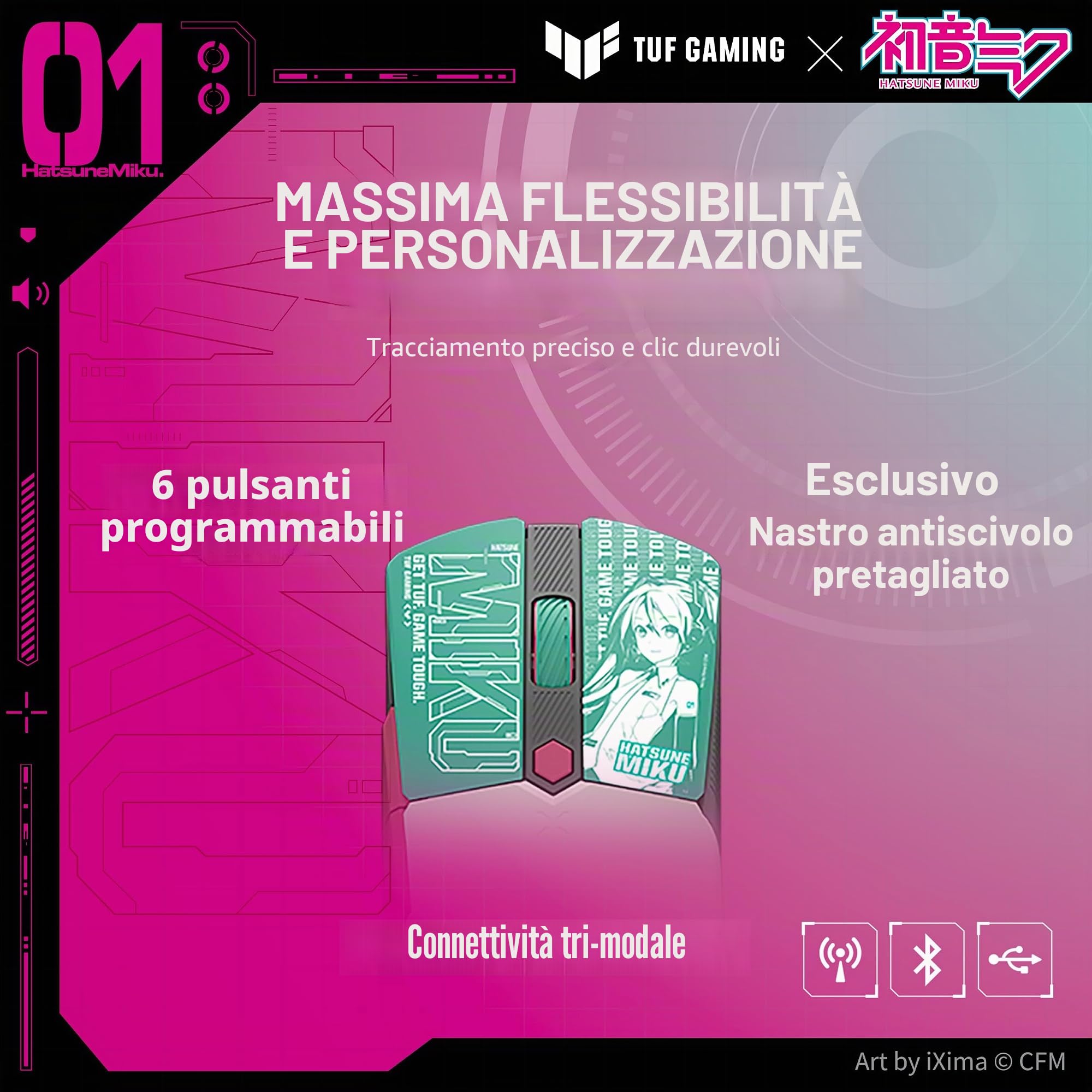 ASUS TUF Gaming Hatsune Miku Edition Mini mouse wireless – per destrorsi, 65 g, leggero, compatto, connettività tri-mode, DPI 12K, batteria fino a 134 ore, logo RGB Miku, supporto PC/Mac - Aqua