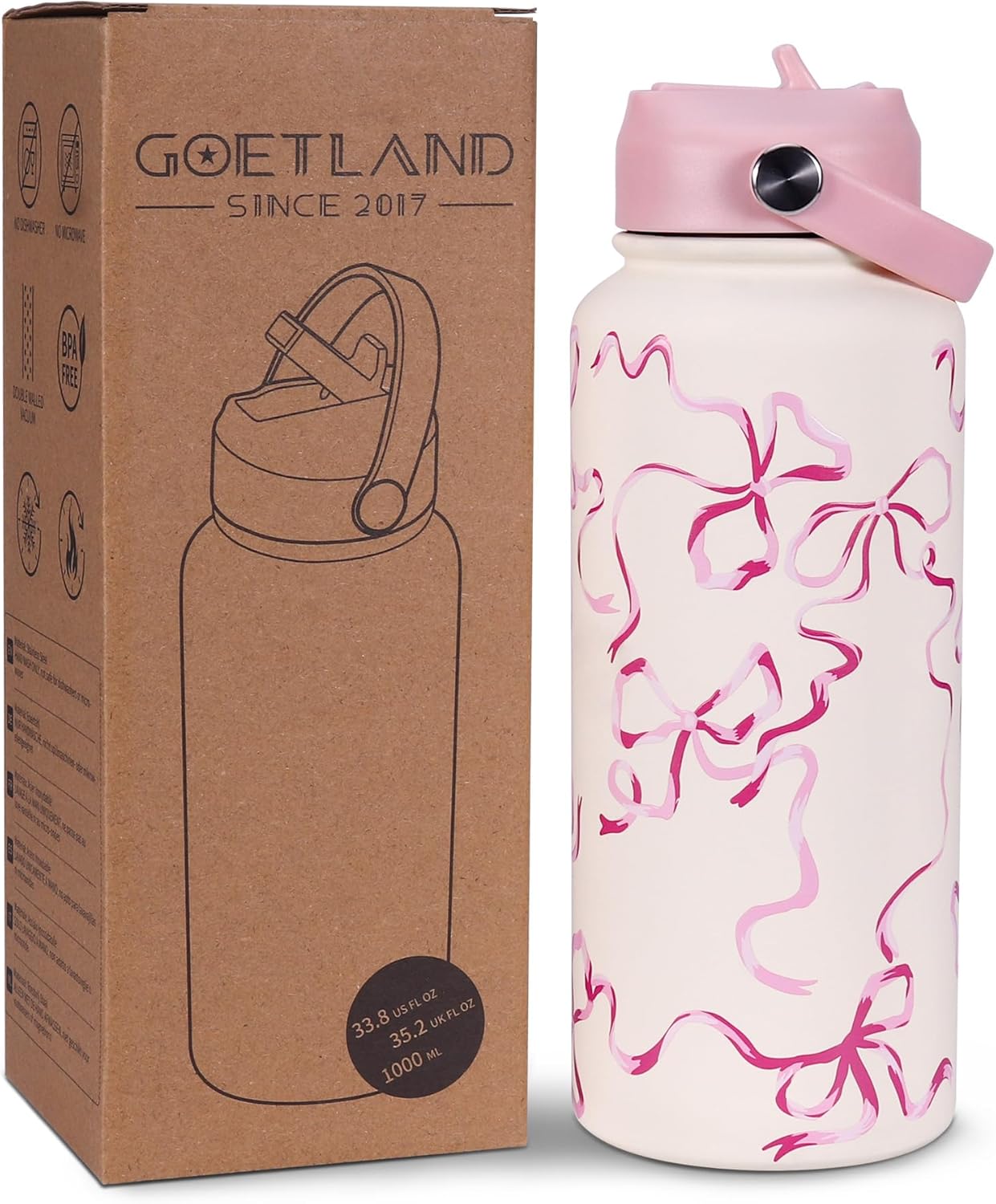Goetland Ribbon Water Bottle with Straw Lid 32 oz Stainless Steel Wide Mouth Vacuum Double Insulated Drinking Cup Cute Leakproof UV Printing For Women Girls Pink