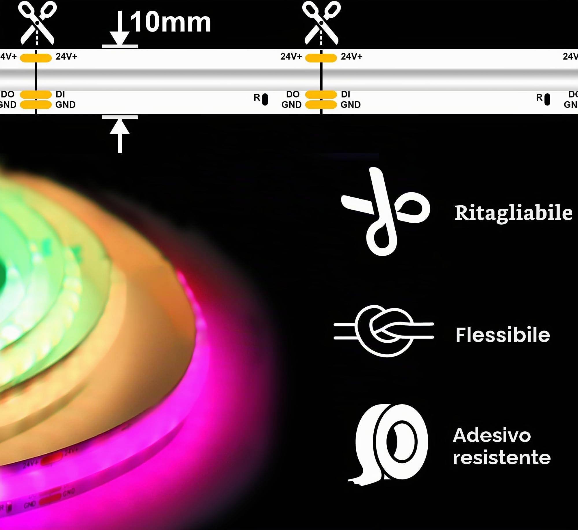 RGB IC Striscia LED COB, Striscia LED Intelligente con Sincronizzazione Musicale, Colore Dinamico, Cambio Colore Segmentato, Controllo app e Telecomando, Striscia LED per Camera da Letto, 3m