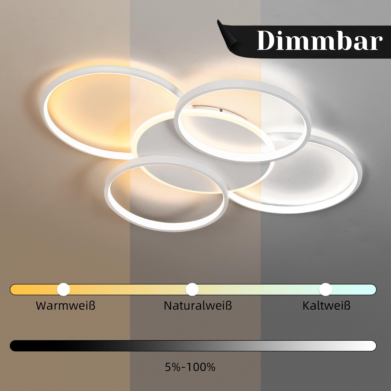 GBLY Deckenlampe LED Deckenleuchte Wohnzimmer: Wohnzimmerlampe Dimmbar 70W | mit Fernbedienung 5-Ringen Weiß Schlafzimmerlampe Modern Acryl Deckenbeleuchtung für Büro Schlafzimmer Esszimmer