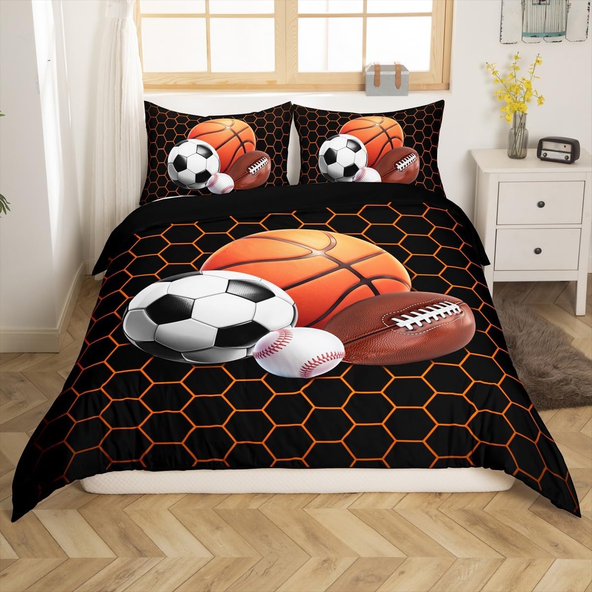 jejeloiu Ball Bedding Set Twin Size Ball Games Comforter Cover Set for Boys Girls Teens Football Duvet Cover Baseball Bedspread Cover Room Decor Vivid Blue Quilt Cover，No Comforter
