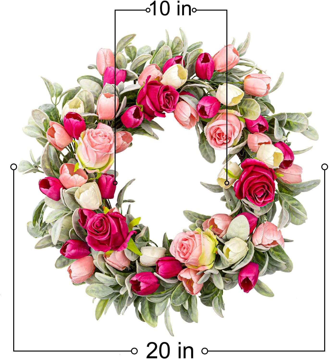 20 Inches Farmhouse Valentines Wreath Modern Valentine Flower Wreath Rocco Valentines Day Door Wreaths with Red Pink Rose Tulip Flocked Lambs Ear for Window Porch Porch Indoor Outside Decor