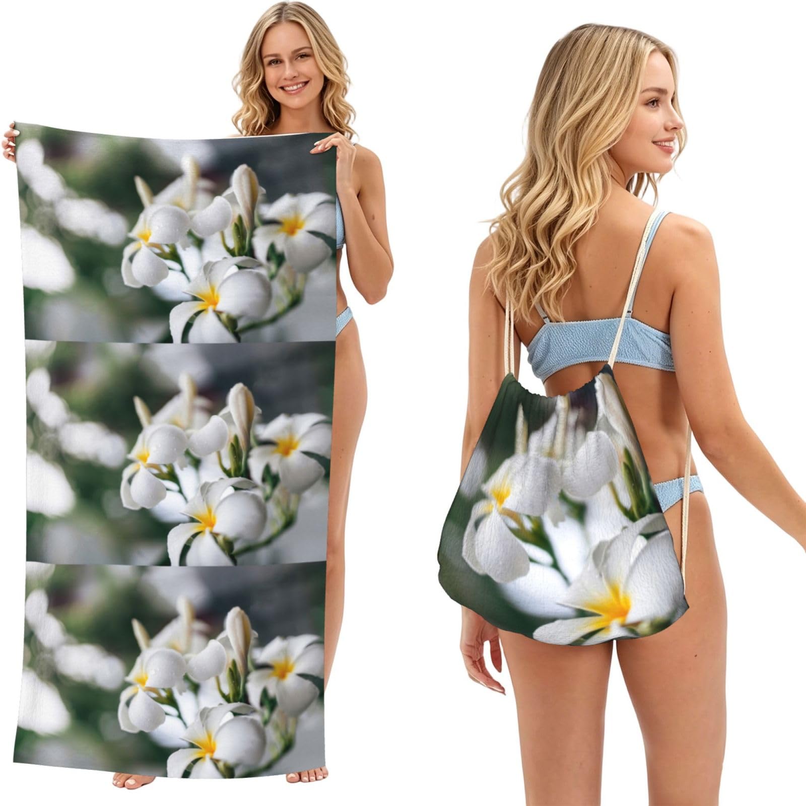 Poadnly As Picture Beautiful White Frangipani Wake Plumeria Flowers, 2 In 1 Packable Towel Bag, Beach Towels With Drawstring Backpack For Travel Holiday Camping