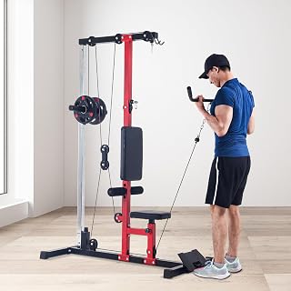 CABIHOME LAT Power Cable Machine - Adjustable Leg Support LAT Pull Down Machine with High & Low Pulley for Home Gym Back Strength Training,Black & Red