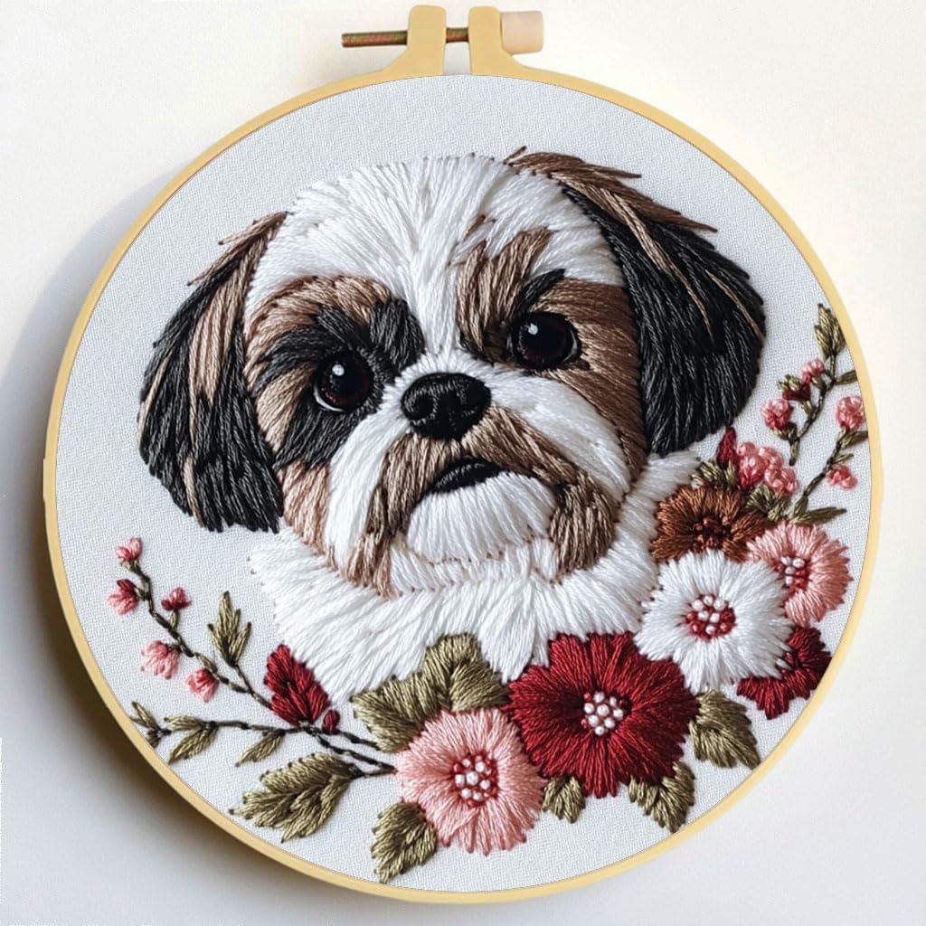 Punch Needle Kits Shih Tzu Dog and Flowers Embroidery Starter Set with Hoop Easy for Beginners DIY Stress Relief Handmade Craft Hobby and Home Decor 20x20cm-3
