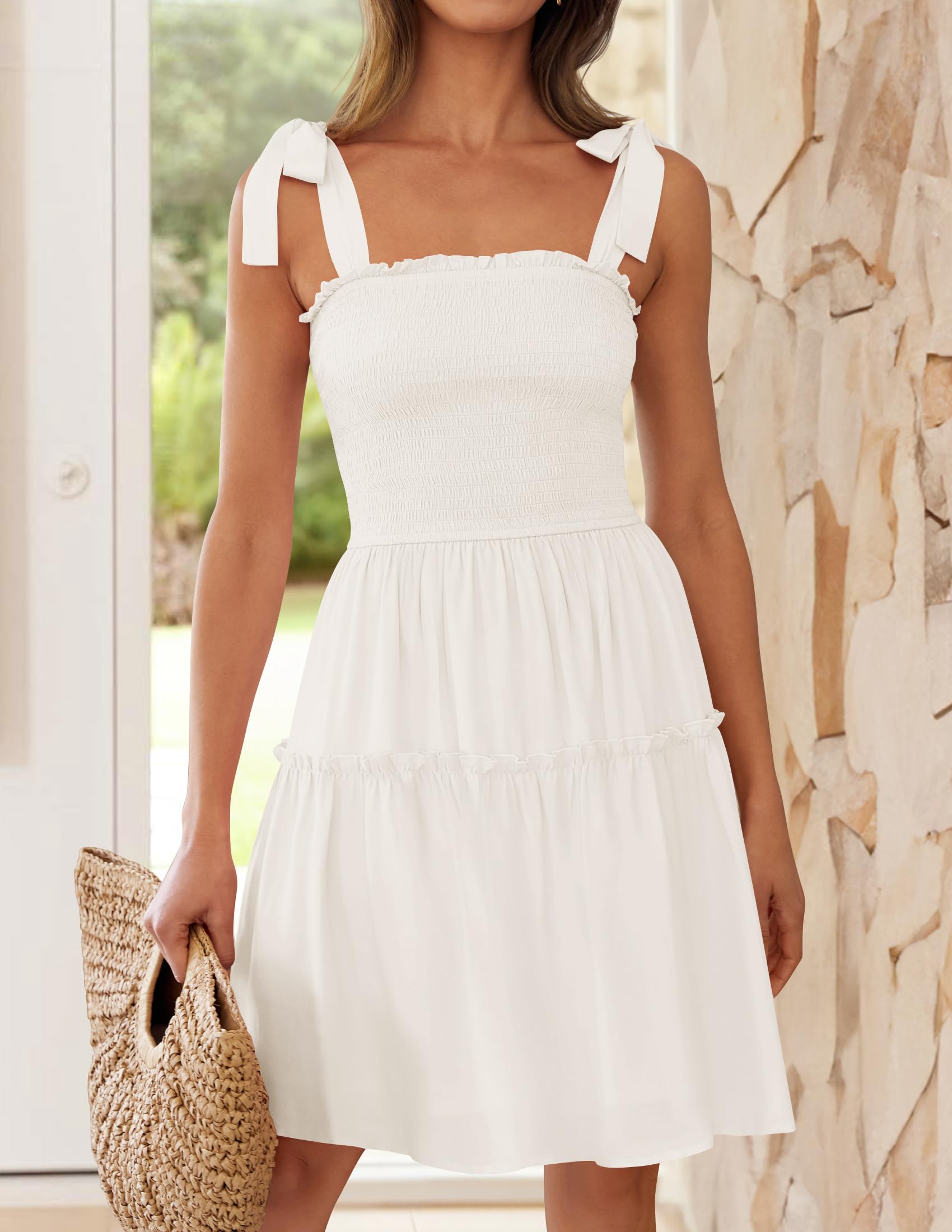 ZESICA Women's 2025 Summer Spaghetti Strap Sleeveless Square Neck Ruffle A Line Swing Mini Dress