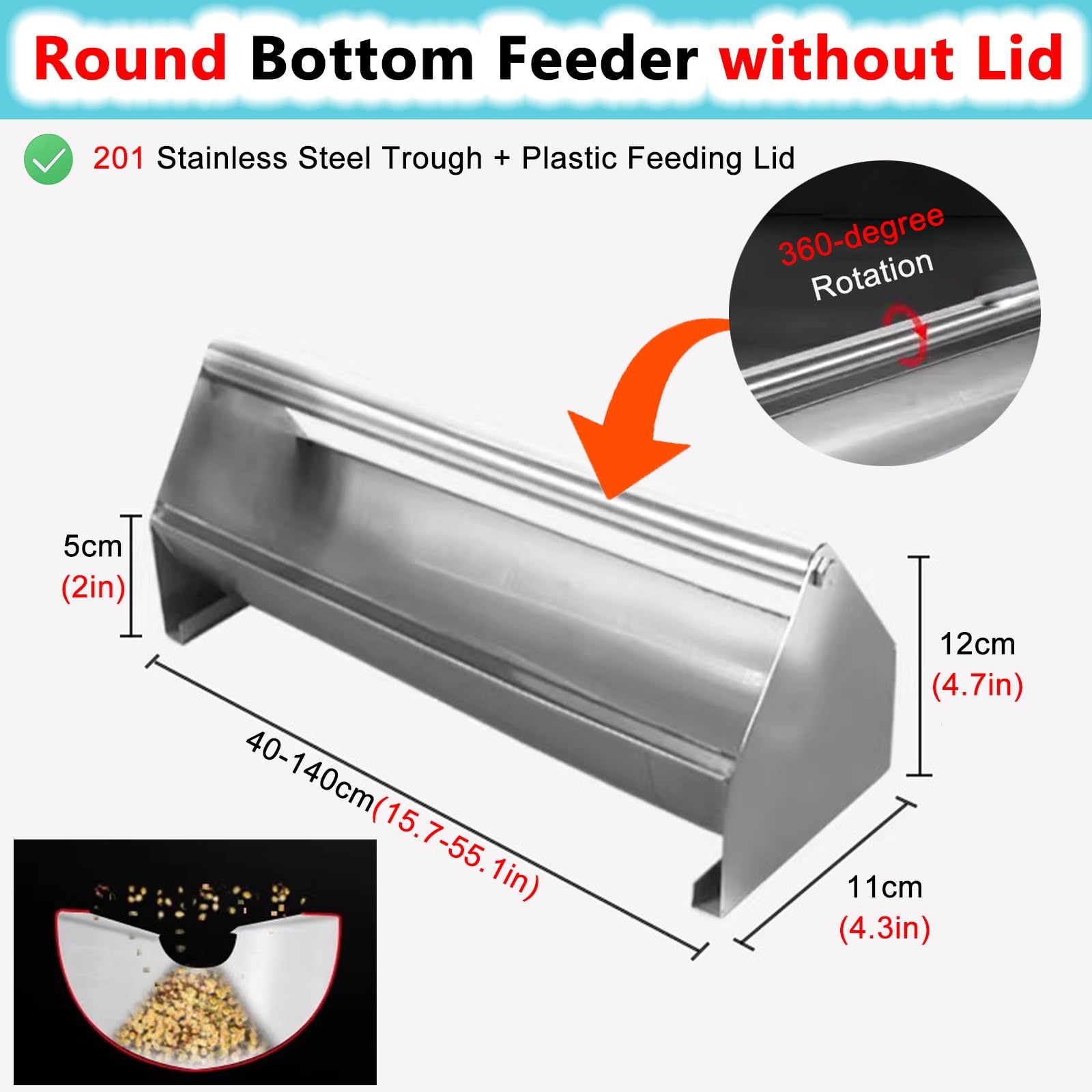 Comedero para aves de corral, comedero automático para pollos con barra transversal giratoria, bandeja de alimentación larga de acero inoxidable para patio de granja, 80 cm