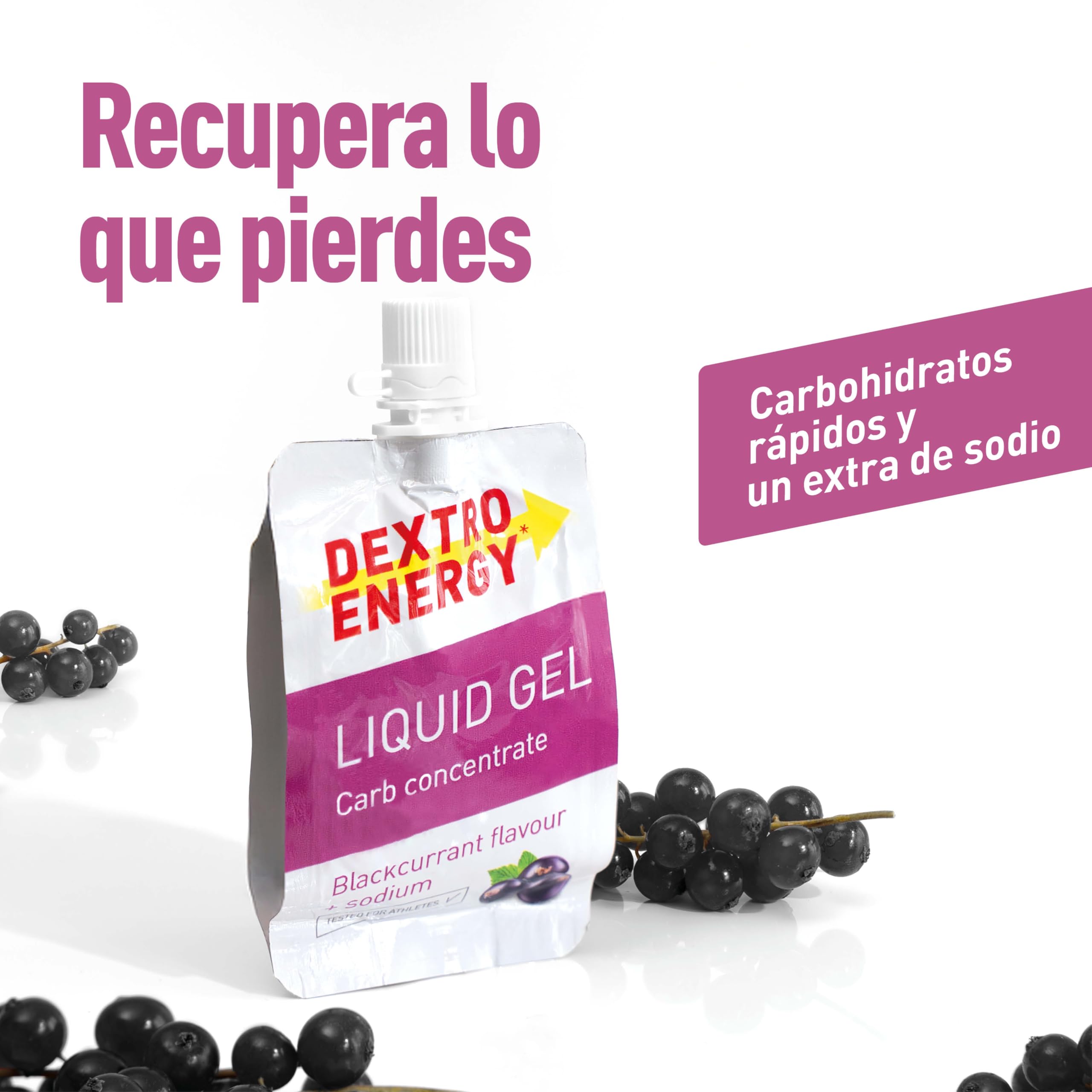 Dextro Energy Liquid Gel Blackcurrant + Sodio - 18x60 ml (Pack de 18) | High Carb Energy Gel para aporte rápido de carbohidratos + 240 mg de sodio