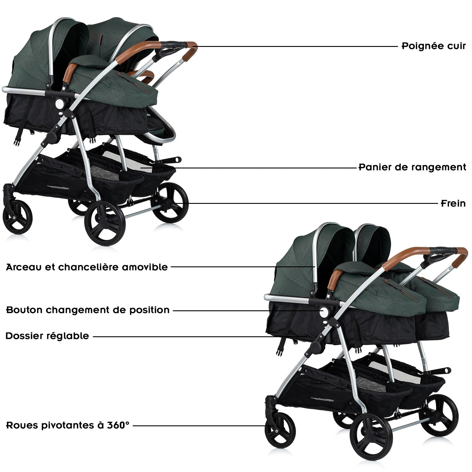 DUO SMART - Cochecito gemelos o niños juntos, ancho 79 cm, color verde sin acogedor