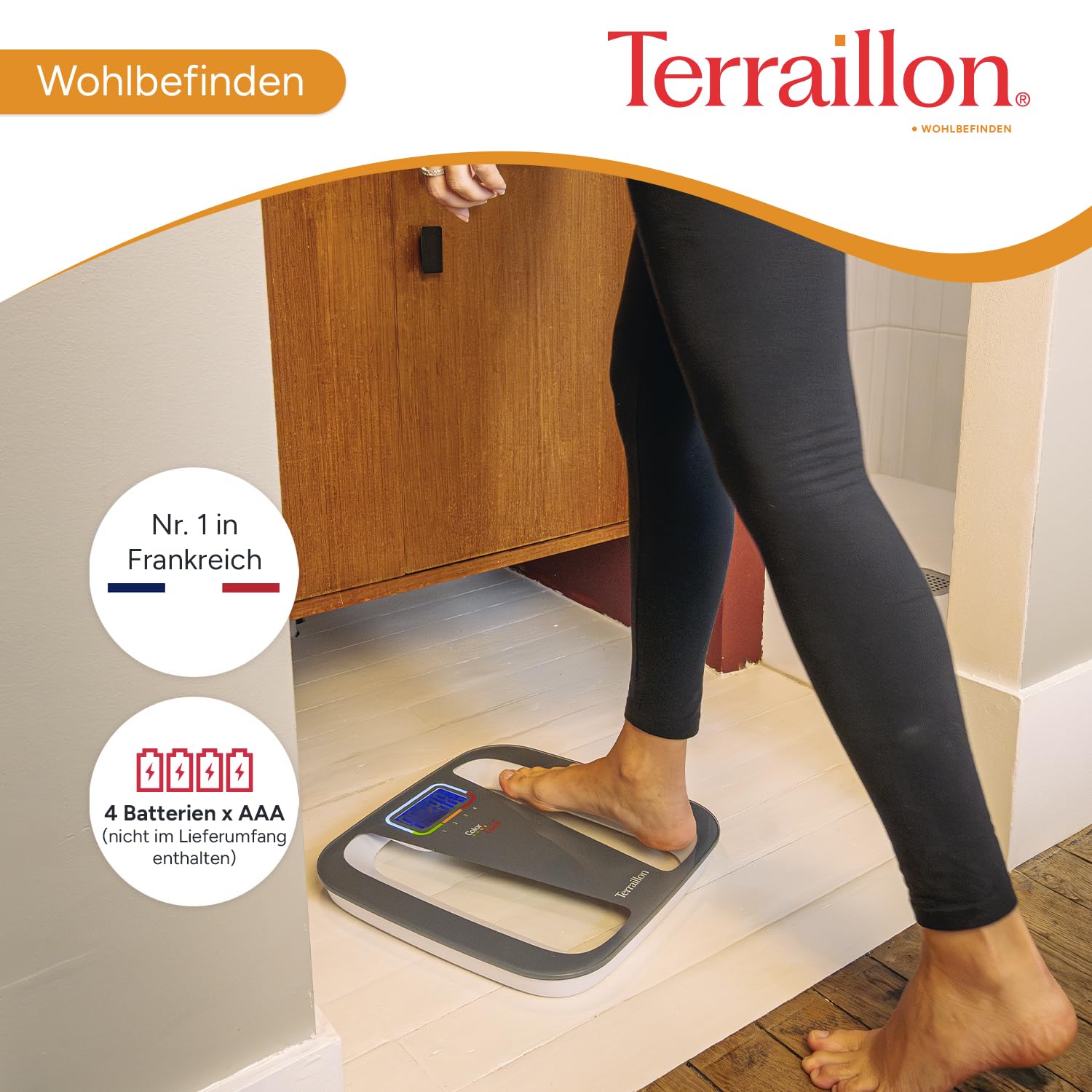 Terraillon Elektronische Personenwaage, 4 Speicherplätze, Farbige Einteilung der Gewichtsveränderungen, Automatisches Ein- und Ausschalten, 160kg, Color Coach Quattro, Grau/Weiß