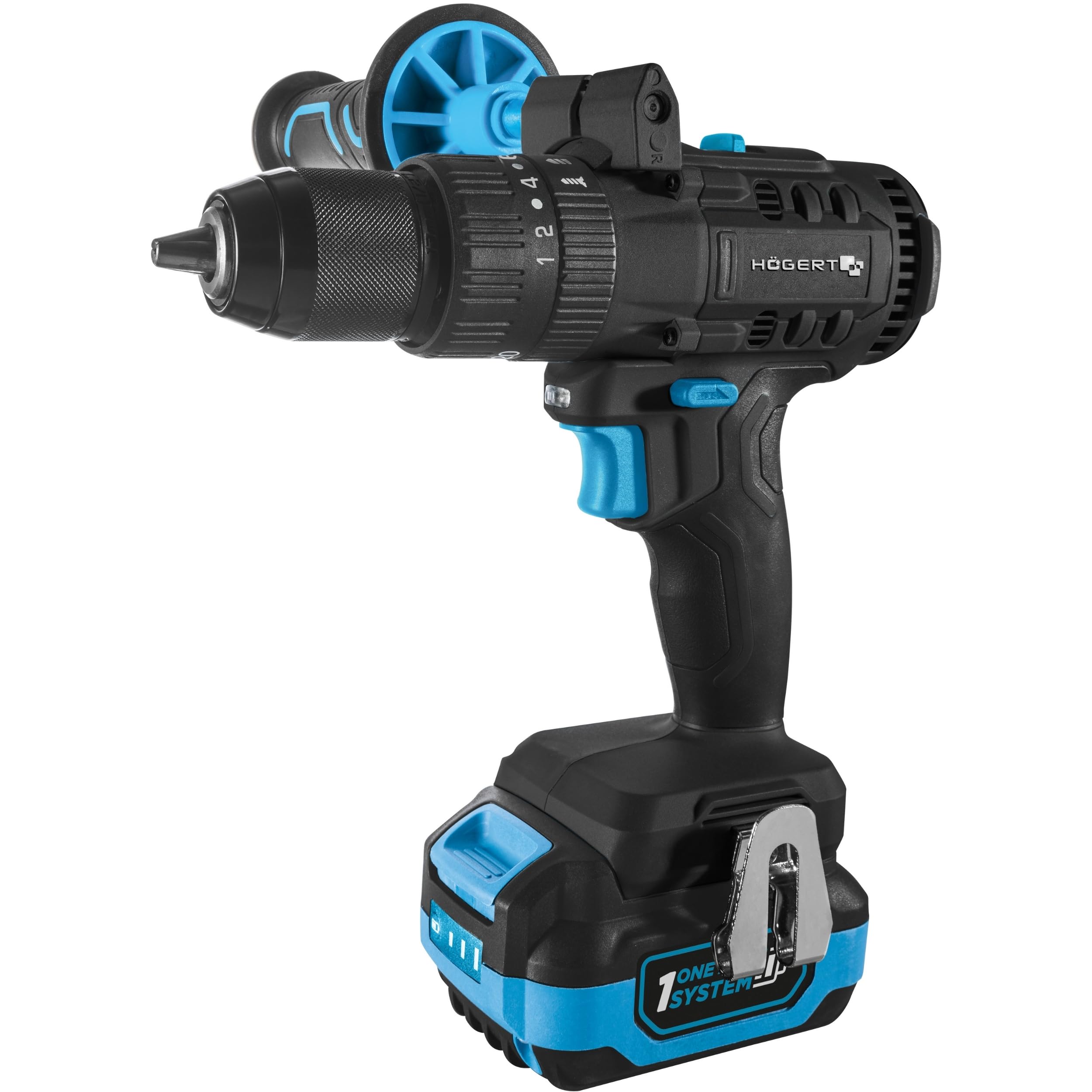 HÖGERT TECHNIK Bezszczotkowa akumulatorowa wiertarko-wkrętarka udarowa, zestaw 18 V, moment obrotowy 80 Nm, akumulator 4,0 Ah, ładowarka 4 A, oświetlenie LED, metalowa przekładnia, do drewna i metalu