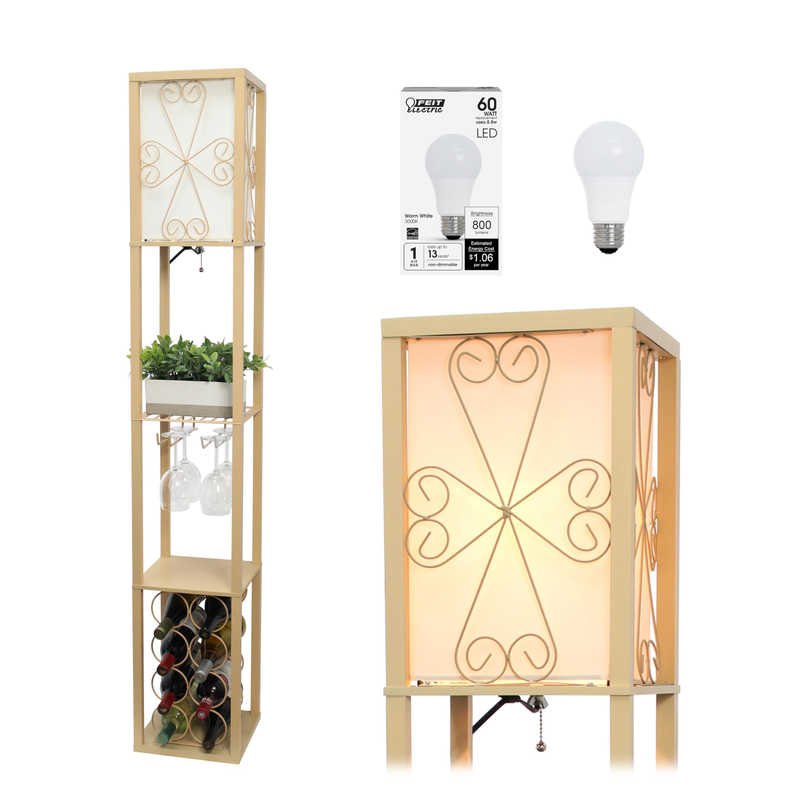 Simple Designs LF1015-TAN-LB Three Shelf Etagere Organizer Storage and Wine Rack Floor Lamp with White Linen Shade, Tan, With Feit LED Bulb Included