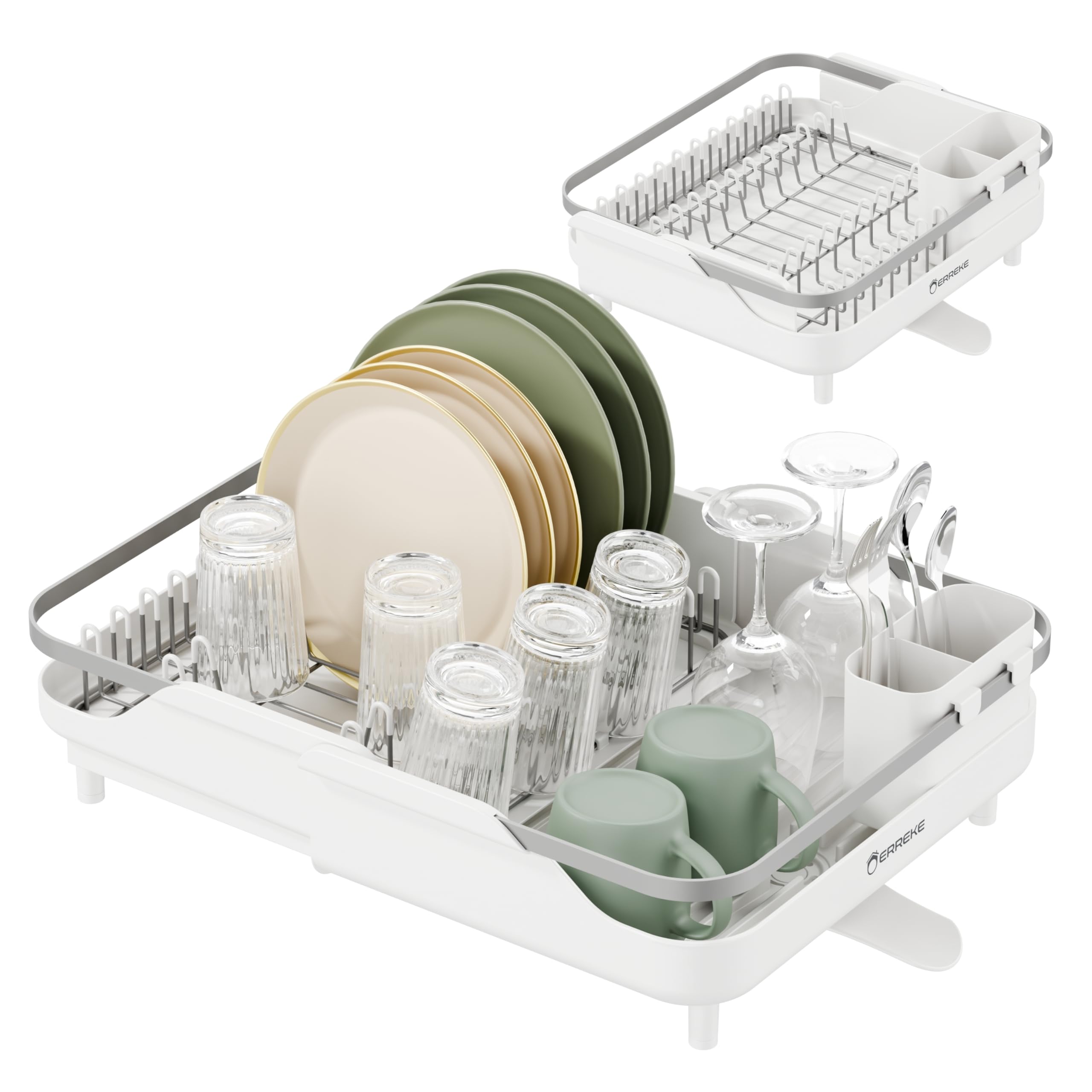 Erreke Foldable Dish Rack, Plate Drainer, Drains into the Sink, Stainless Steel Grid, Large Worktop Kitchen, over the Sink, 46x35 cm White
