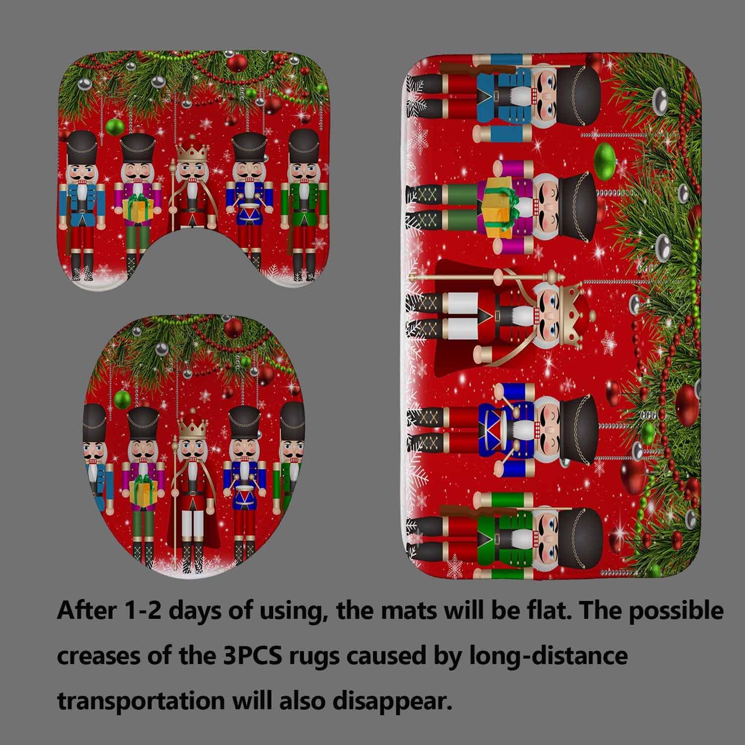 4PCS Christmas Nutcracker Shower Curtain Sets with Rugs, Waterproof Fabric Red Shower Curtain, Funny Soldier Xmas Gifts Green Fir Balls Snowflake Winter New Year Holiday Xmas Bathroom Decor