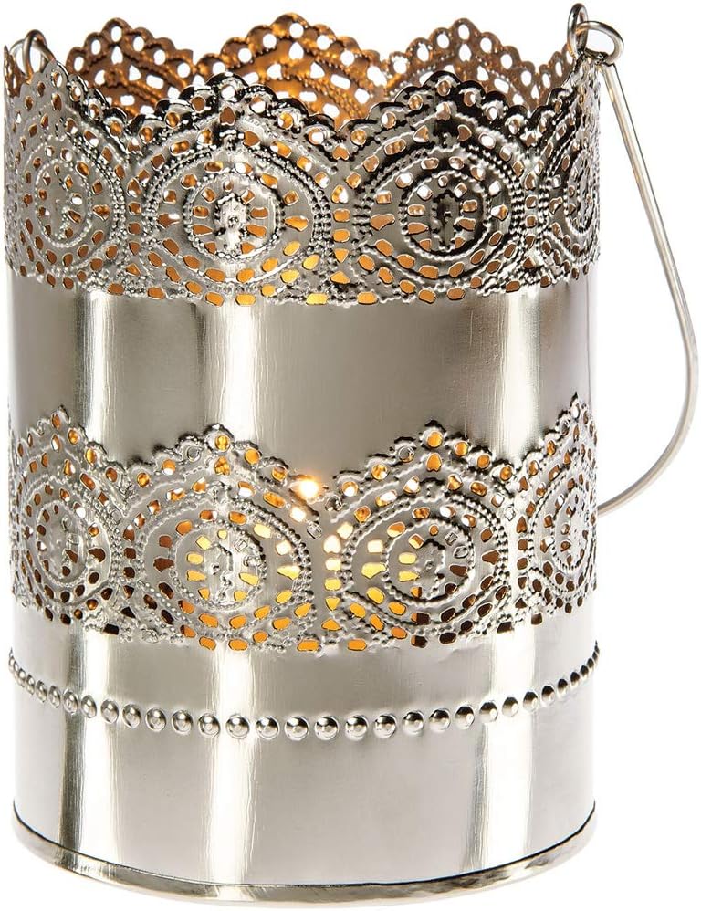 Luna Bazaar Shadow Lantern Candle Holder (5.5-Inch, Padma Lace Design, Punched Tin) - for Home Decor, Parties, and Wedding Decorations