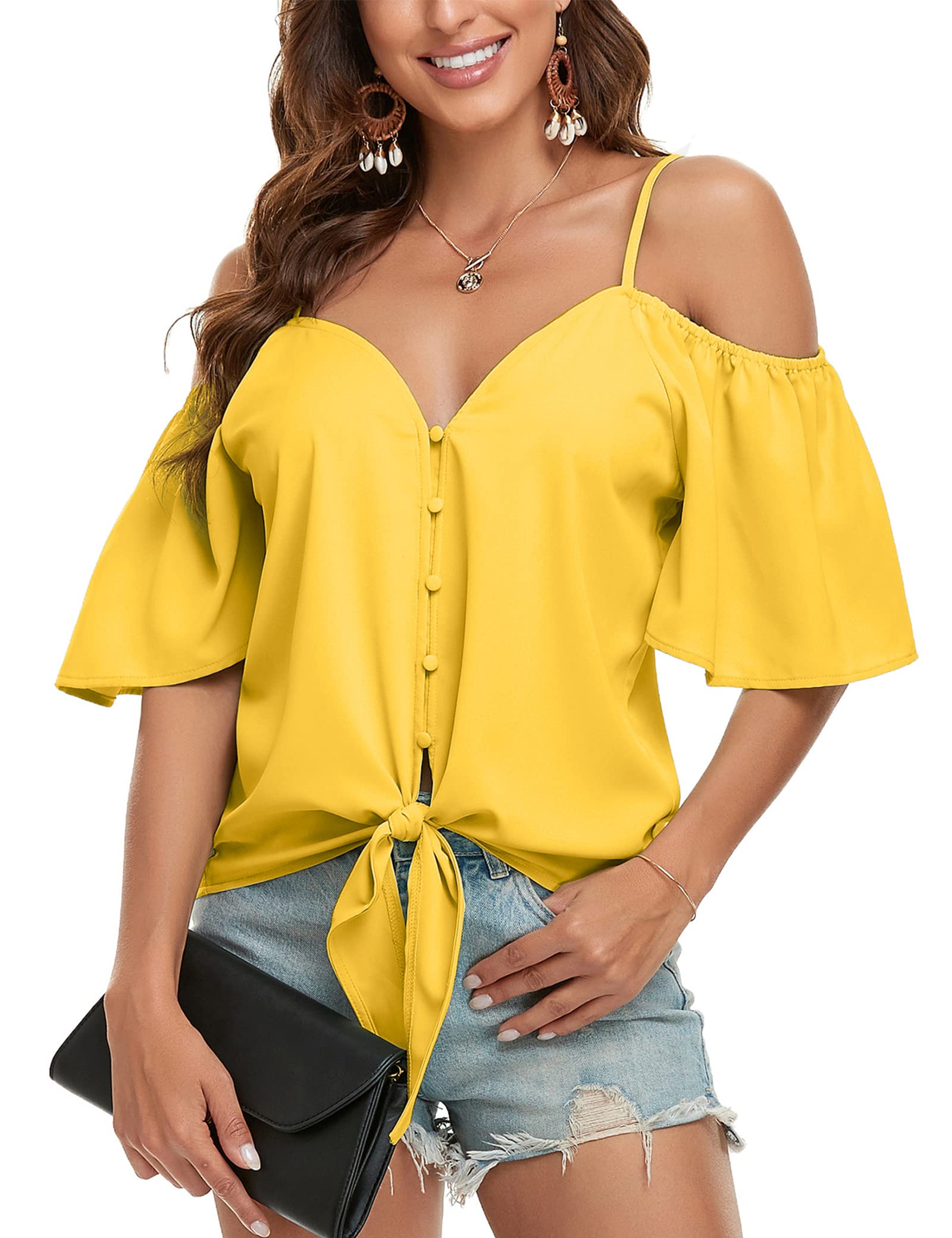 LeereyaWomen's Sexy Cold Shoulder Summer Tops Cute Front Tie Blouses Button Down Shirts