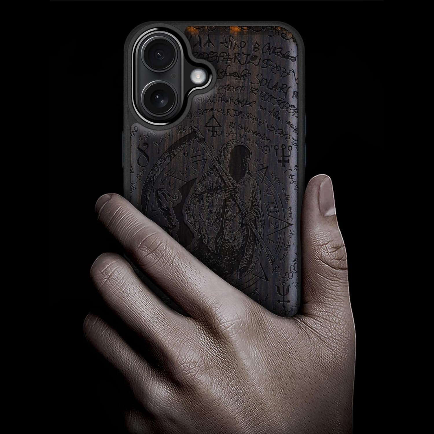 Carveit Magnetic Wooden Case for iPhone 17 Case, Wood Artisan Engraved & Black Soft TPU Shockproof Cover, Compatible with MagSafe Wireless Chargers (The Grim Reaper of Carved) Blackwood