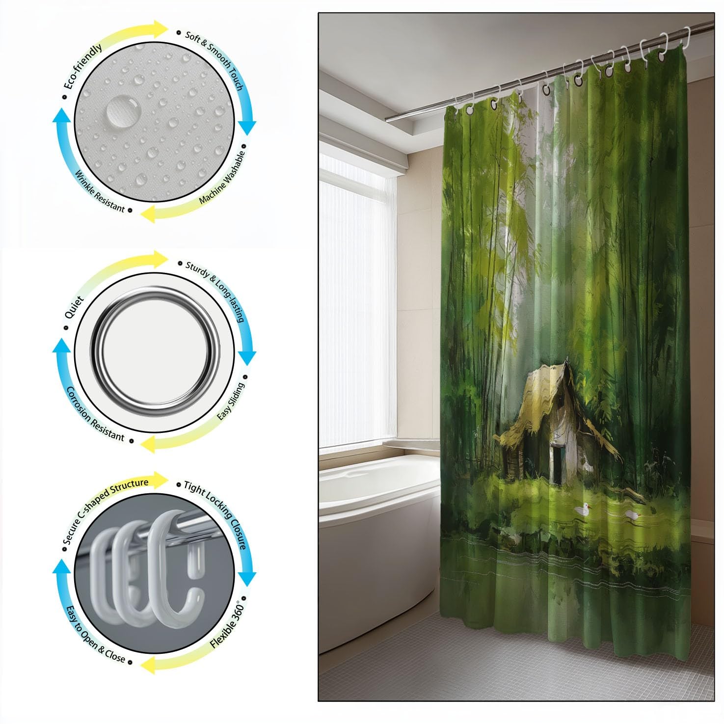 Generico Fantasia Tenda Da Doccia Calmo Elegante Paesaggio Verde, Tenda Da Doccia Per Bagno, Vasca Da Bagno, Tenda In Poliestere Impermeabile Con Ganci In Plastica, 180 x 180 cm
