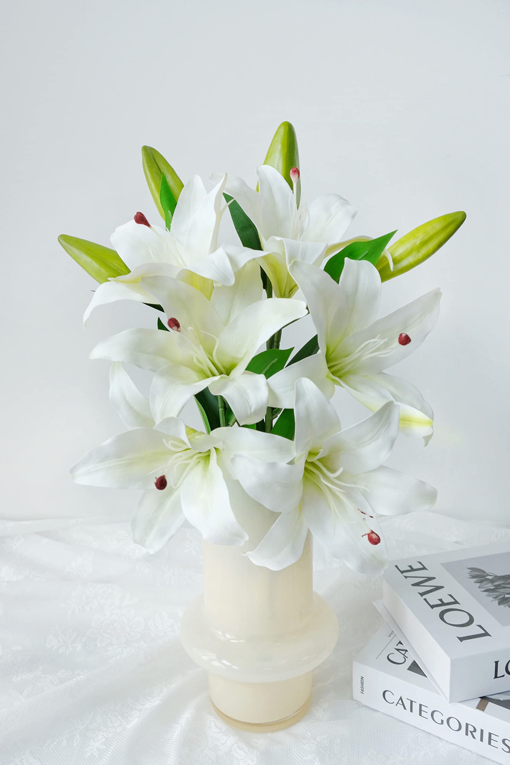YalzoneMet 2 Pcs White Stargazer Lily Artificial Flowers for Decoration, 28 inch Long Stems Real Touch latex Fake Flowers, Faux Silk Easter Lily for Spring Indoor Home Office Wedding Table Centerpiece