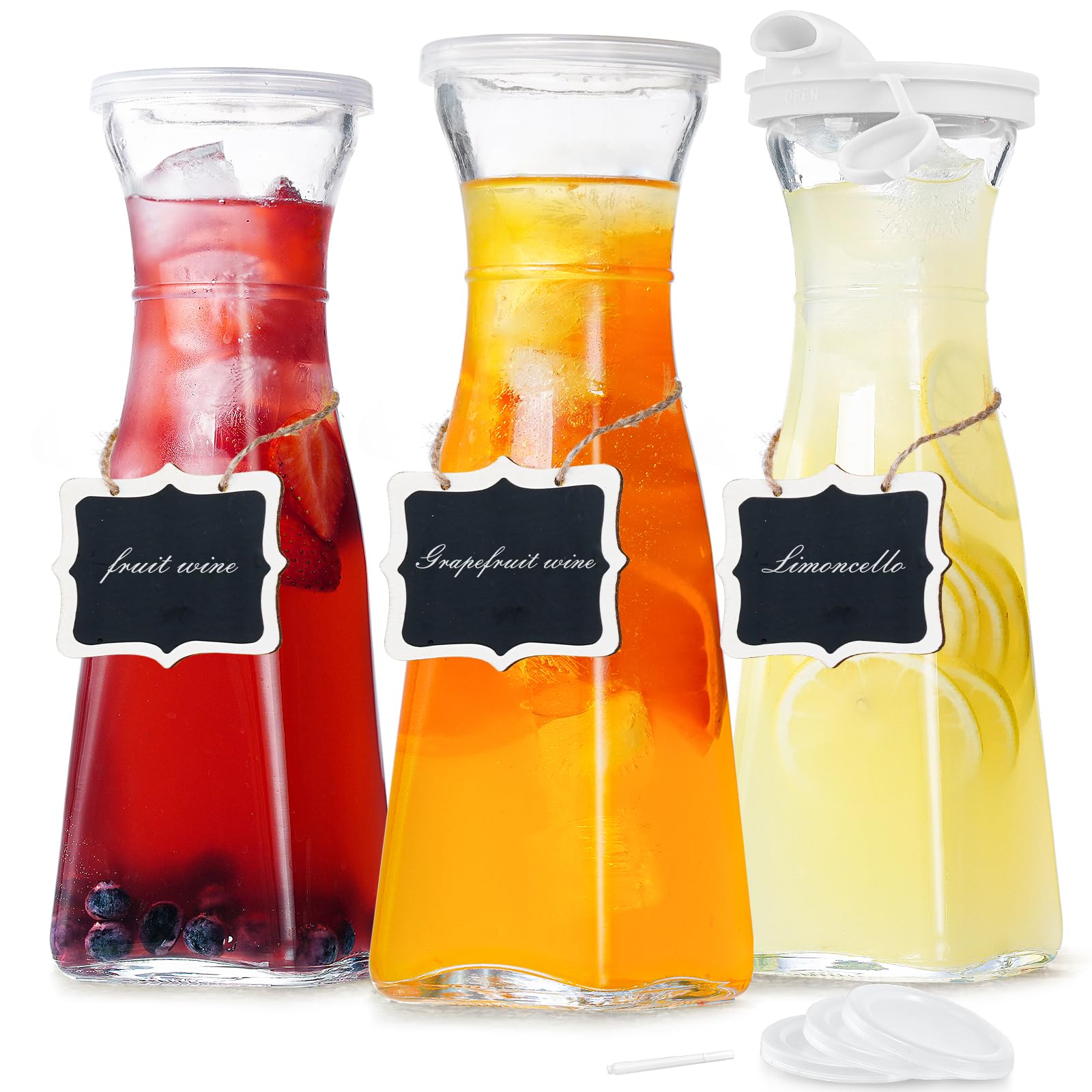 Jarras de agua de vidrio de litro con tapa de plástico, recipientes de jugo de leche de 32 onzas para nevera, pizarras reutilizables, paquete de 3 jarras de jugo de vidrio con boquillas de vertido