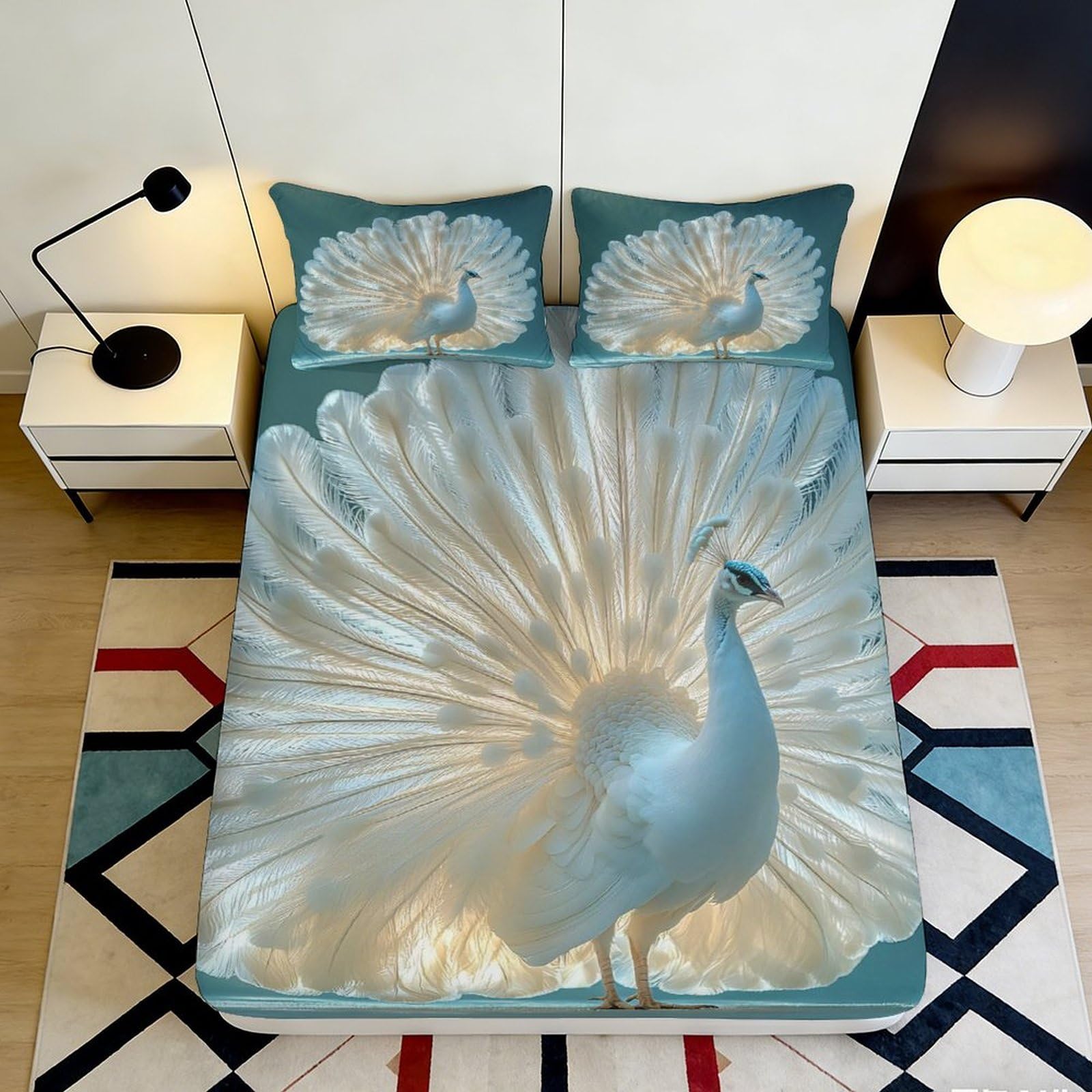3D Printed Peacock Art Fitted Sheet Microfiber Soft Breathable Golden Feather Bed Cover for Bedroom Guest Room Decor 90x200x25cm