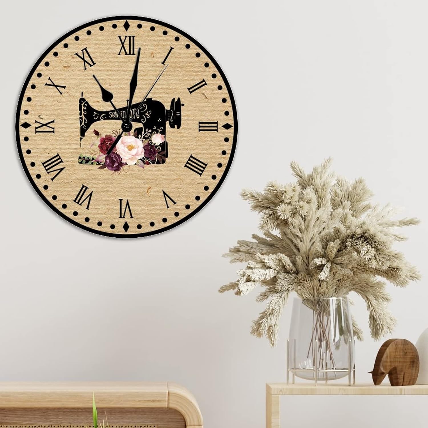 Sewing Flower Sew in Love Wall Clock Quartz Silent Wood Wall Clocks Sewing Lover Home Decor Gift Wall Clocks Craft Room Decor Wall Clocks Farmhouse Decoration 12inch Round Clock for Living Room
