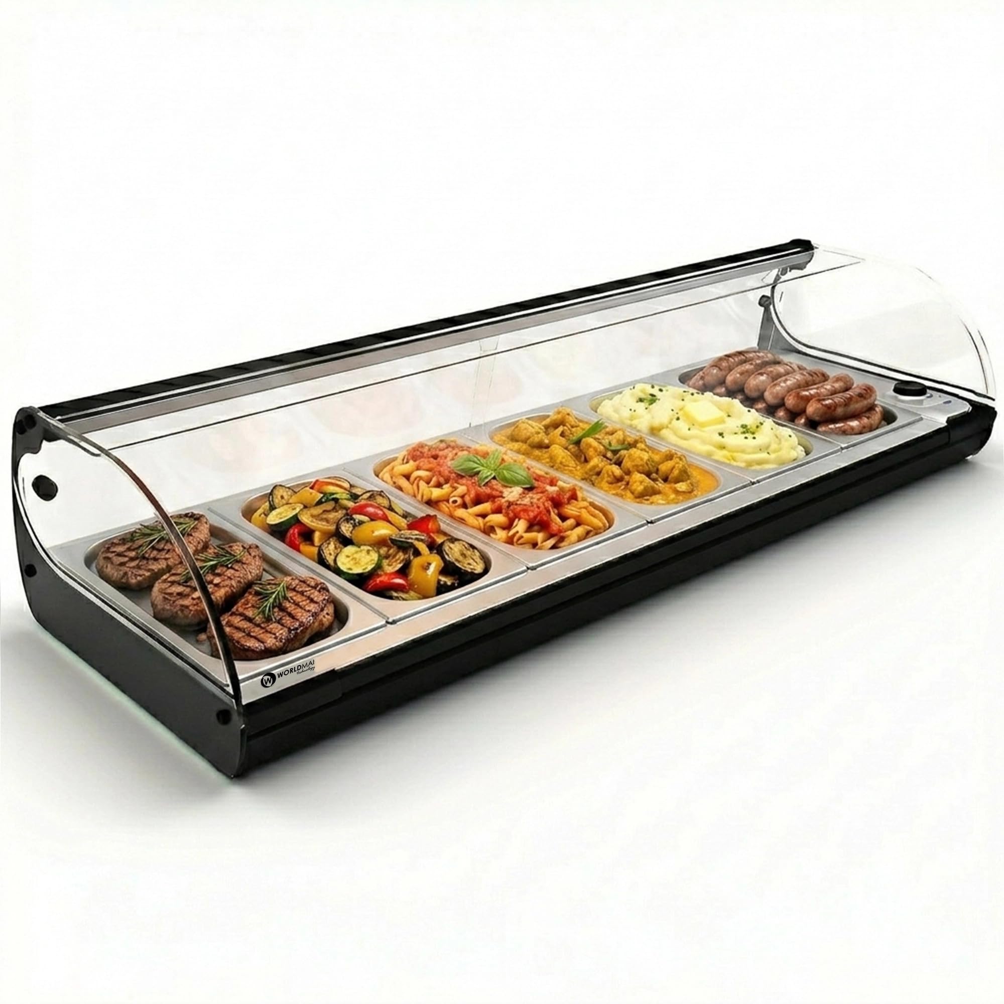 WORLDMAI x SAYL Heizvitrine für Deckel, 119 x 40 cm und 6 GN 1/3 Eimer für Gastronomie. Professioneller Tischaufsteller für Wasserbad, ohne LED-Beleuchtung, für Bar und Restaurant.
