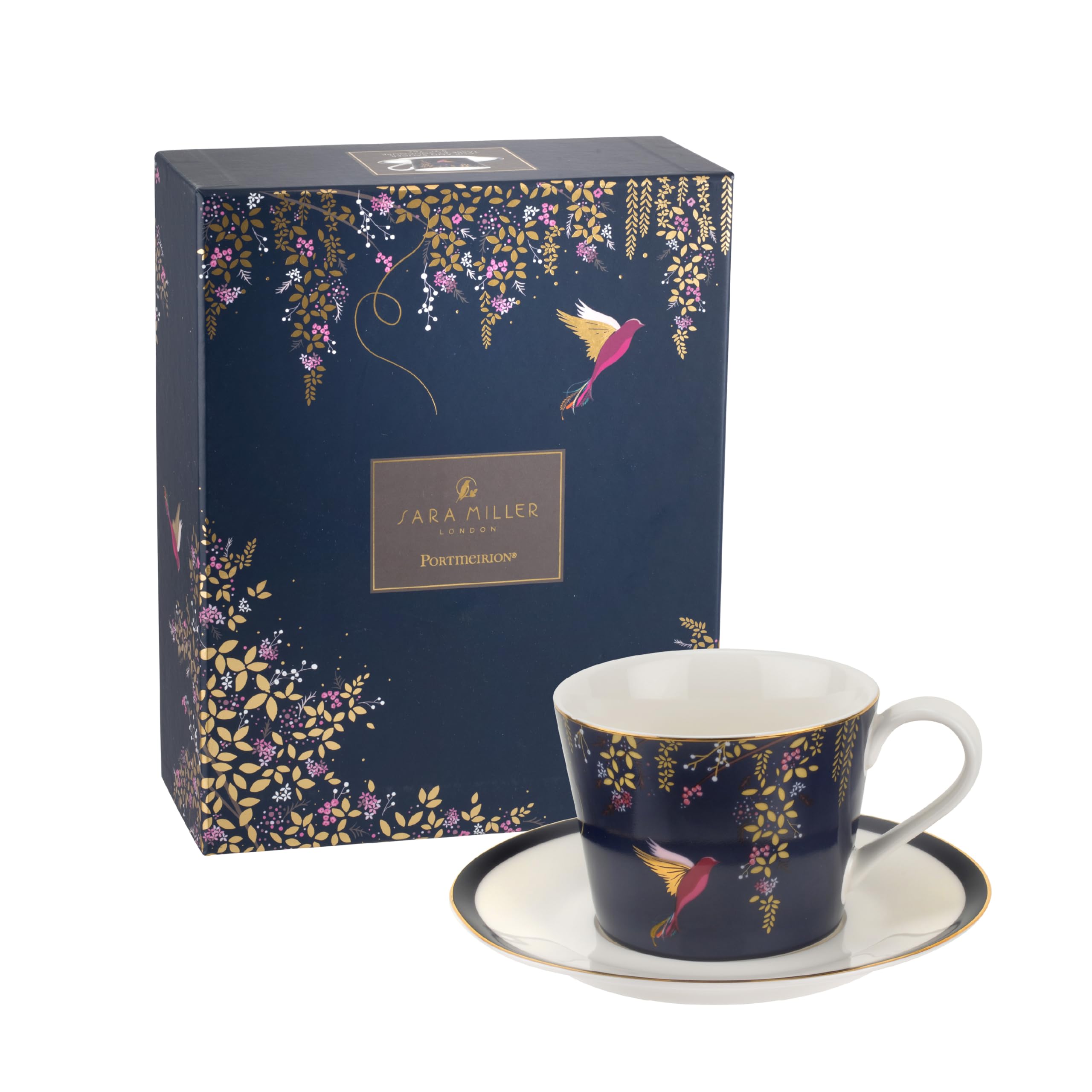 Portmeirion x Sara Miller London Fine China Teacup and Saucer Set - Navy Teacup with 22ct Gold Detailing, Chelsea Collection, A Timeless Blend of Style and Quality