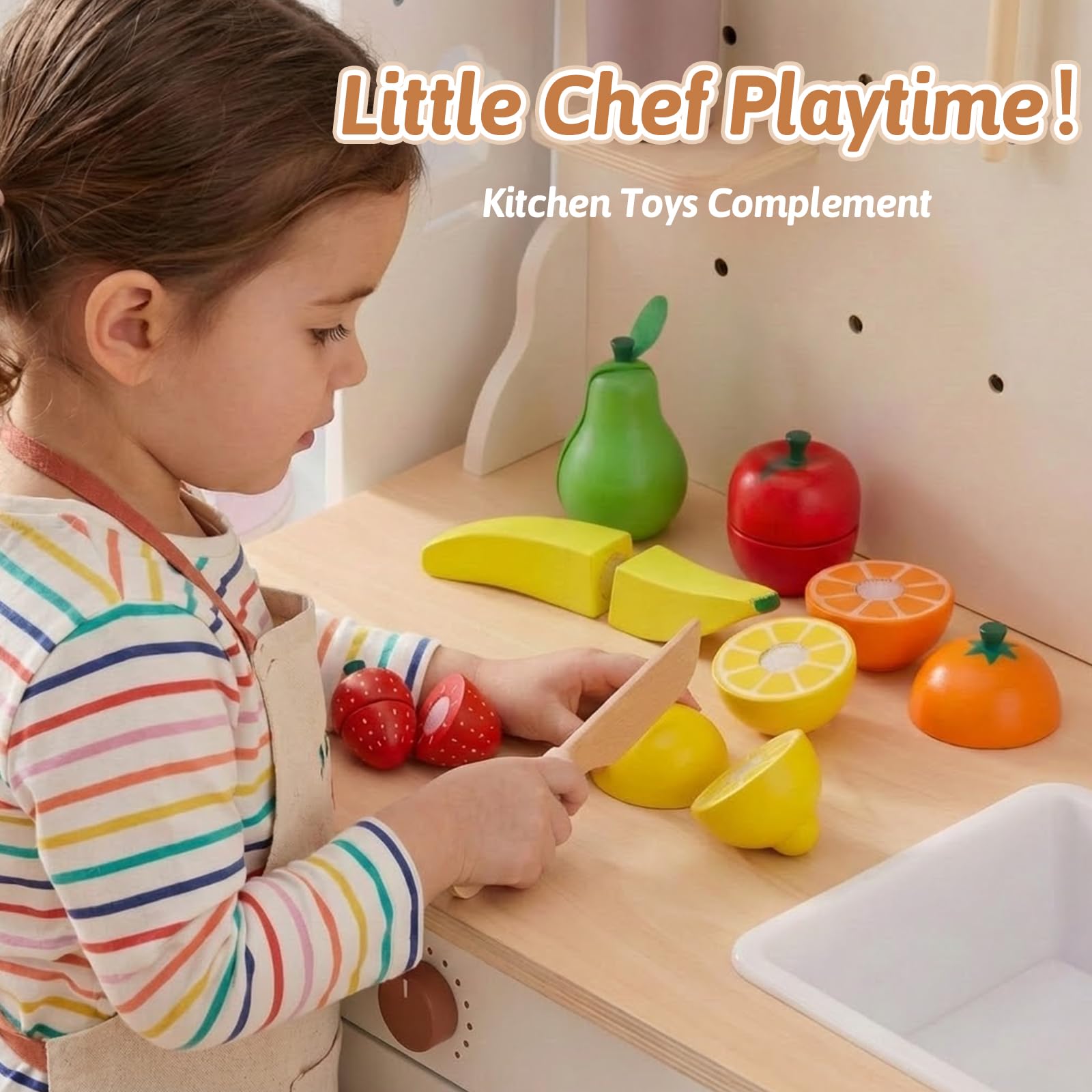 LINFUN KIDS Jouet Fruit en Bois à Découper Couper Accessoire Dinette Enfant, Nourriture Jeux de Rôle Ustensiles Cuisine Éducatif Cadeau pour Garçons Filles 2 3 4 5 Ans