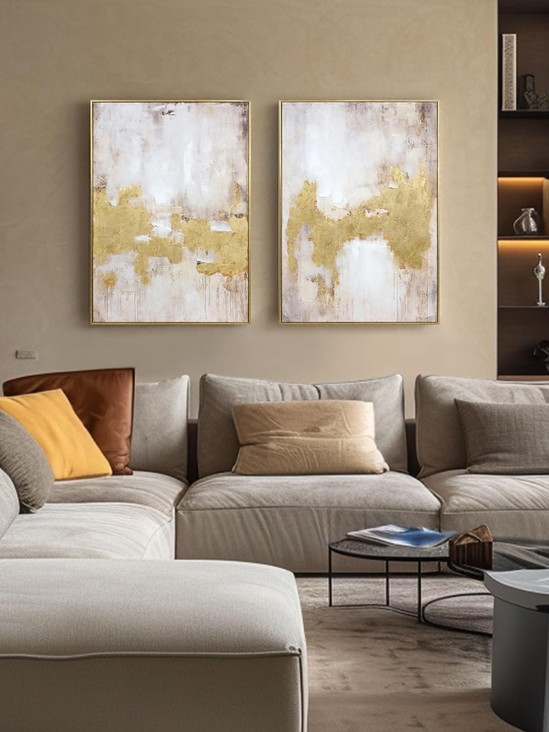 2 Piece Gold and Neutral Abstract Wall Art – Modern Textured Canvas Prints with Hand-Applied Brush Strokes, Framed Artwork for Living Room, Bedroom, or Office, 20 x 28 Inches 20" x 28" x 2 Panels Framed Gold Diptych 4