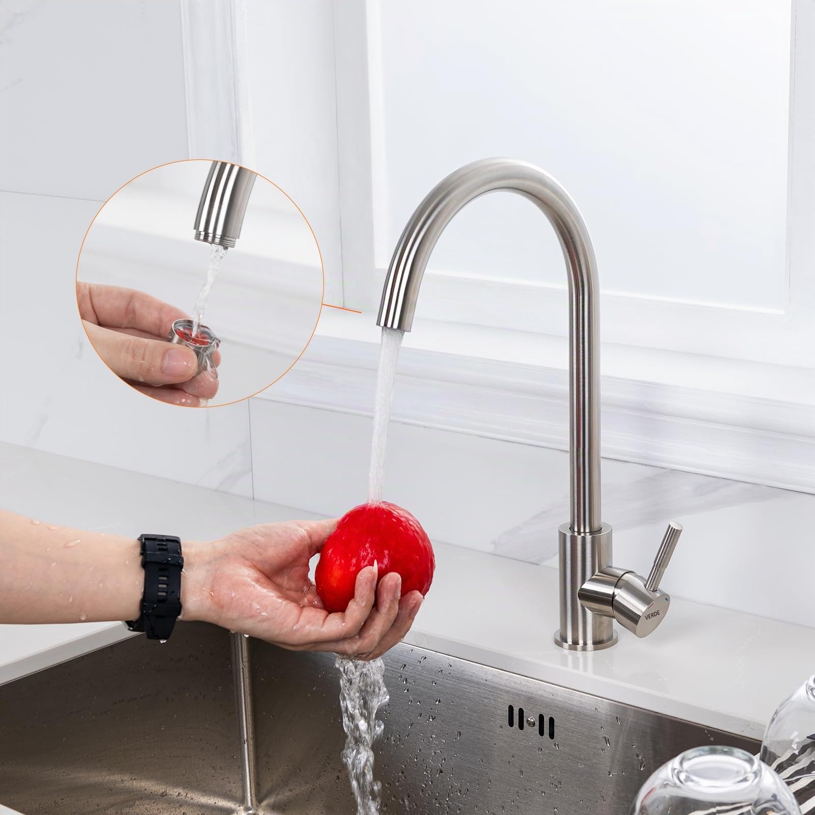 GRIFEMA G4008-98 Grifo de Cocina de Baja Presión, Mezclador de Fregadero, Ahorro de Energía, Acero Inoxidable