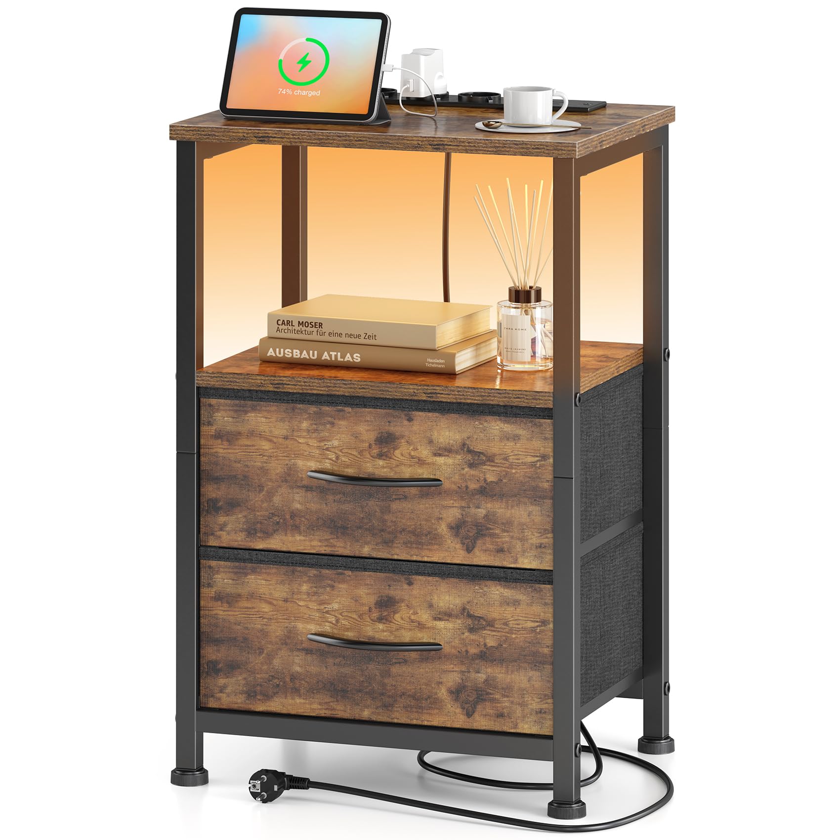 Yornoli Table De Chevet Avec LED Et Fonction De Charge, Table