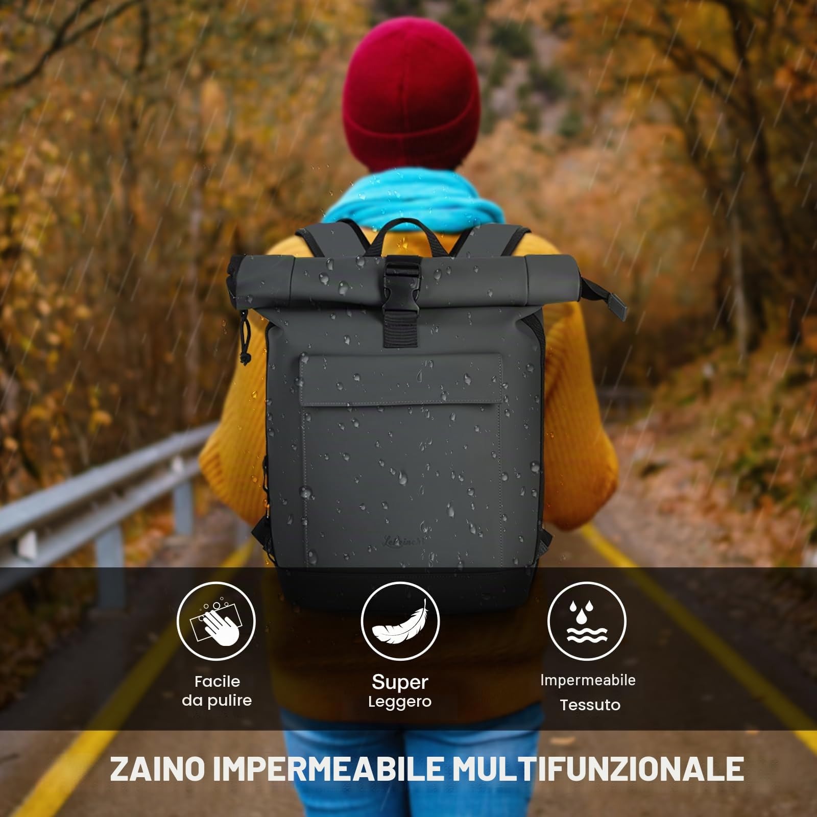 Lekeinchi Zaino Rolltop Donna Uomo per 17" Laptop Impermeabile Elegante | Arrotolato Borsa,Espandibile Backpack, Viaggio, Scuola, Università, Lavoro