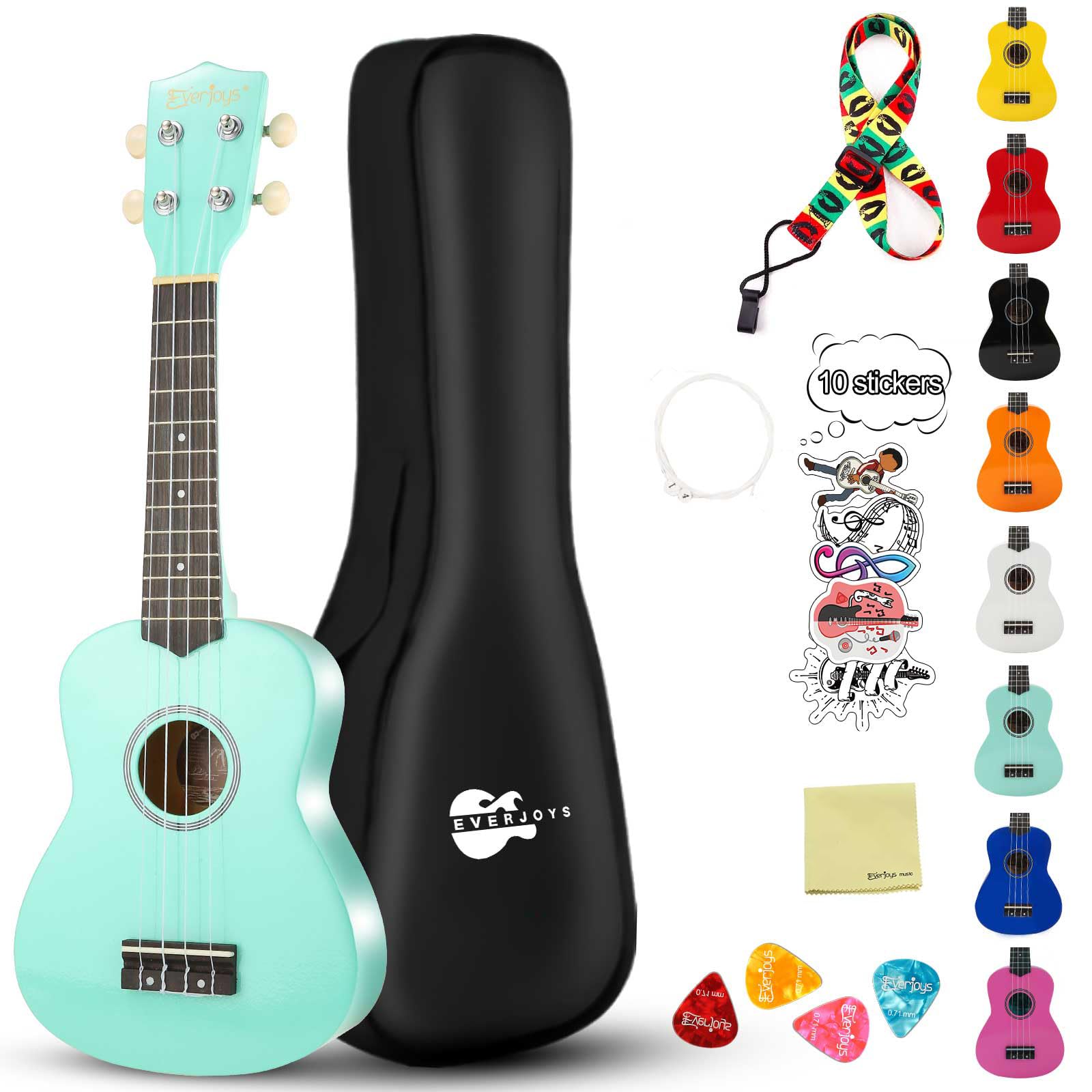 Everjoys Kit de ukelele soprano para principiantes, para niños, adultos, estudiantes, 21 pulgadas, correa de repuesto, cuerda de repuesto, paño de pulido, púas de cancionero (verde brillante) | Para adultos, bolsa de concierto, púas, paño de pulido de cor