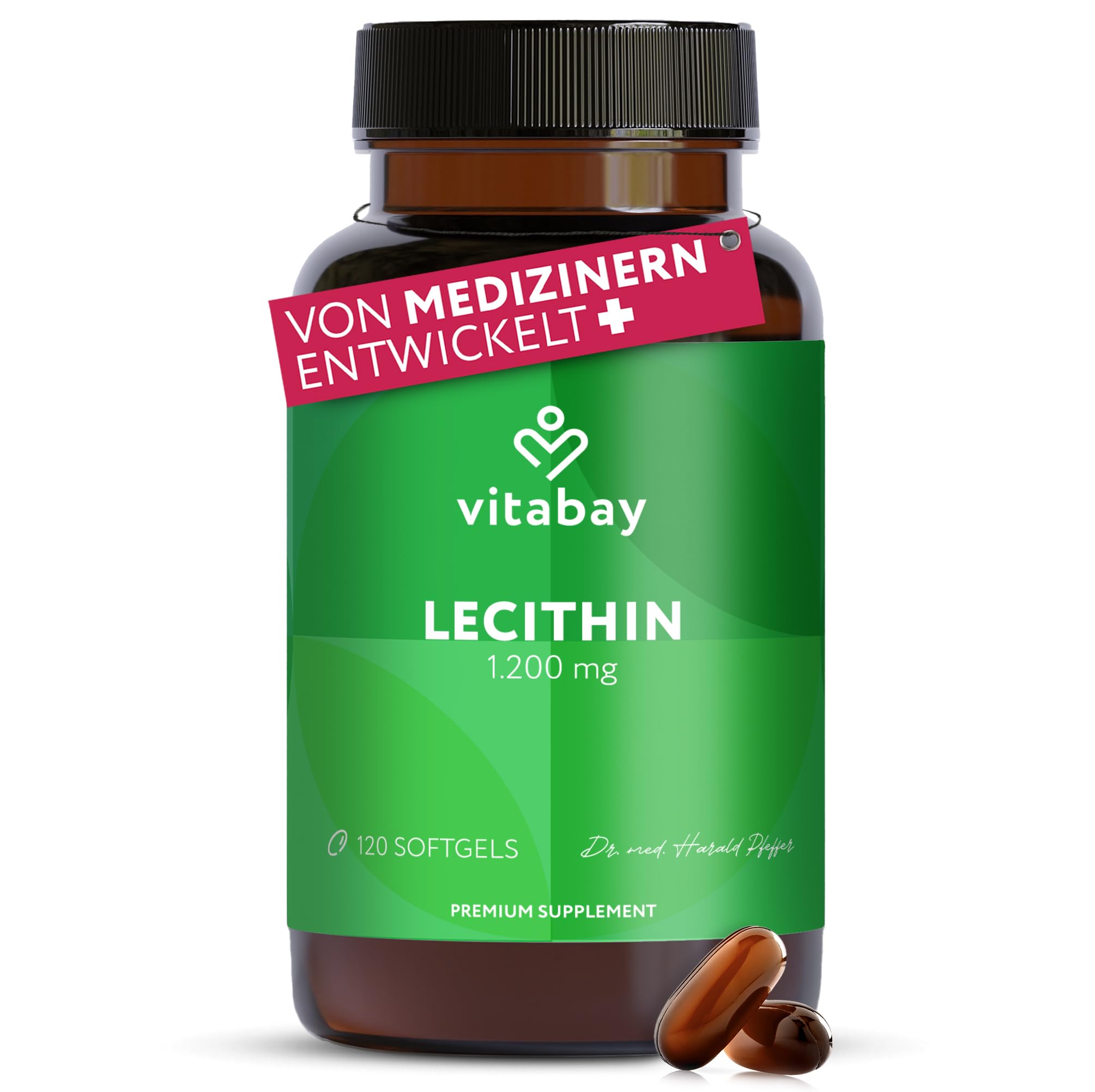 Vitabay Lecithin 1.200mg hochdosiert – 120 vegane Softgels | Phosphatidylcholin aus Soja mit Vitamin E – Ohne Gluten, Laktose & Gentechnik – Laborgeprüft in Deutschland – 4 Monate Vorrat
