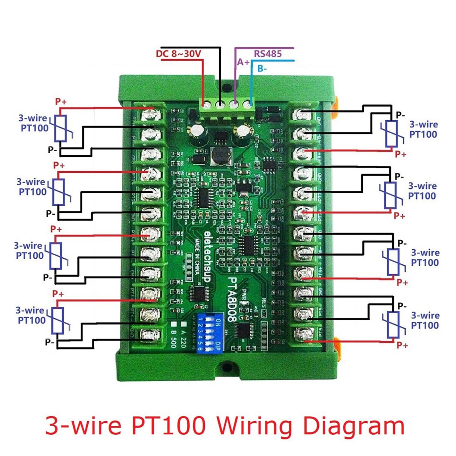 Módulo de adquisición de sensor de temperatura de 8 canales DC8-30V PT100 RTD RS485 Rep NTC K termopar Modbus RTU -40°C~+500°C (tipo C)