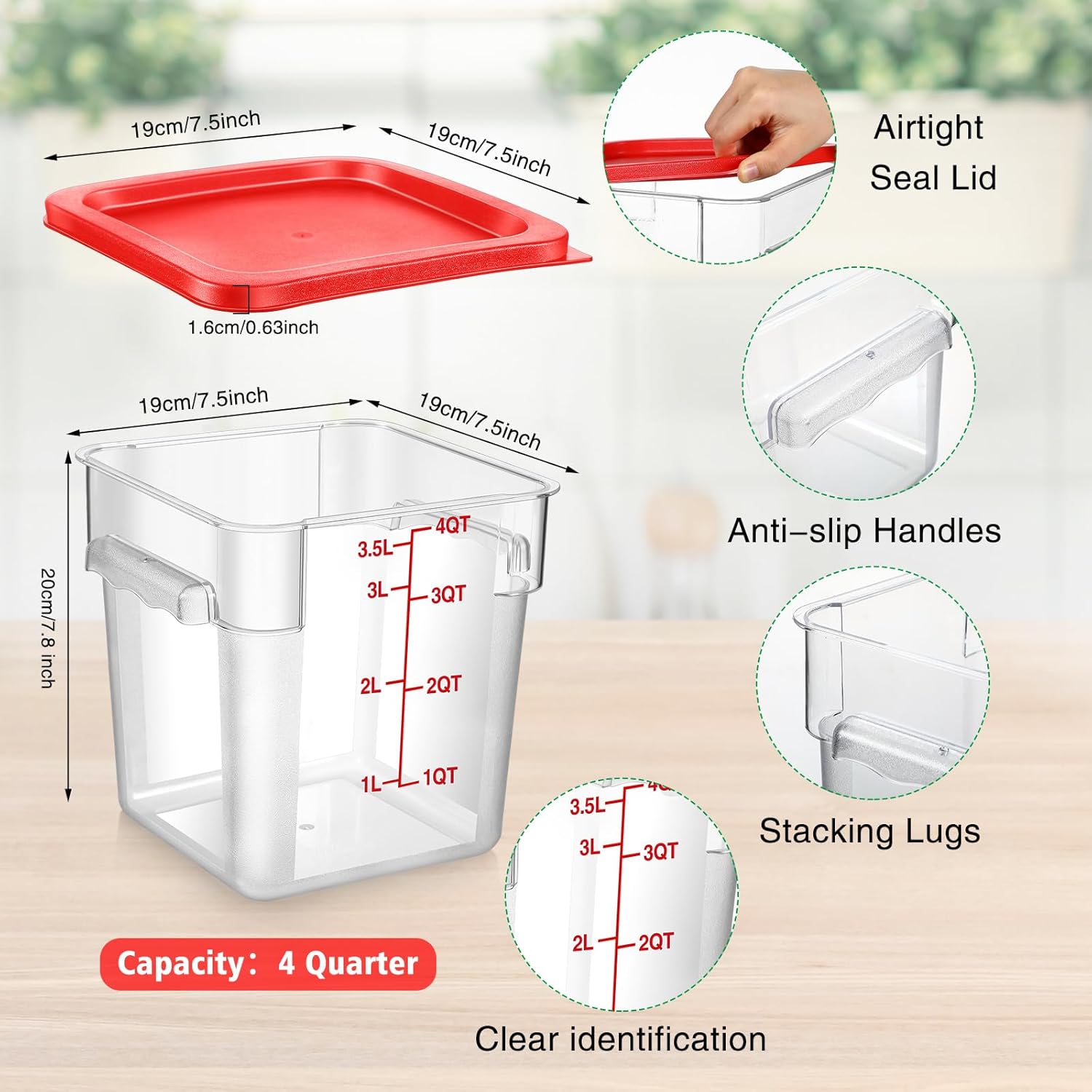 Suclain 2 Pcs Square Food Storage Container Polycarbonate Clear Food Container with Lid Commercial Rice Storage with Graduations for Commercial Kitchen(2 Qt,4 Qt,Red) - Image 2