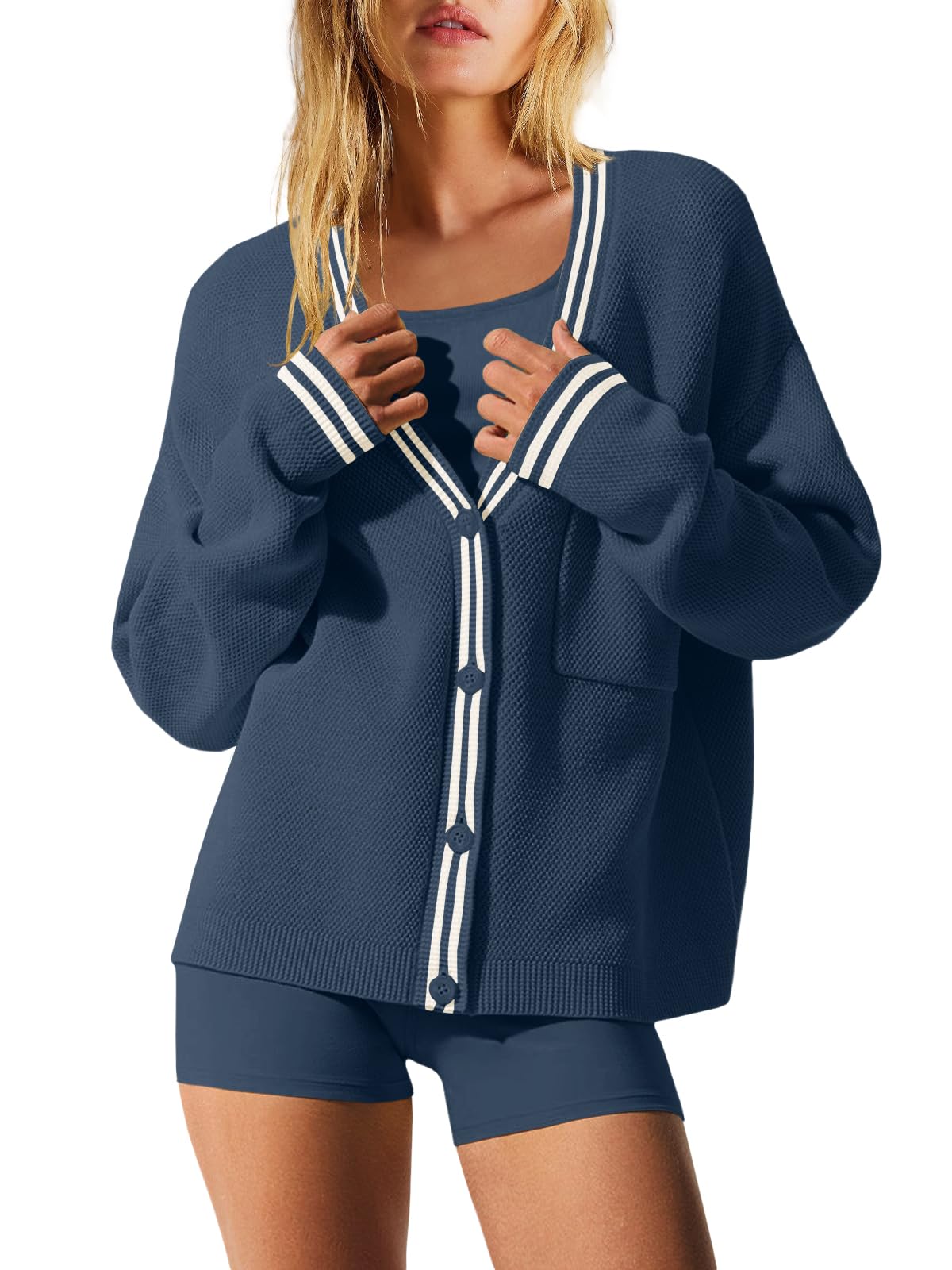 Nirovien Womens Oversized Cardigan Sweaters Button Down Knit Fall Sweater Long Sleeve Striped Coats