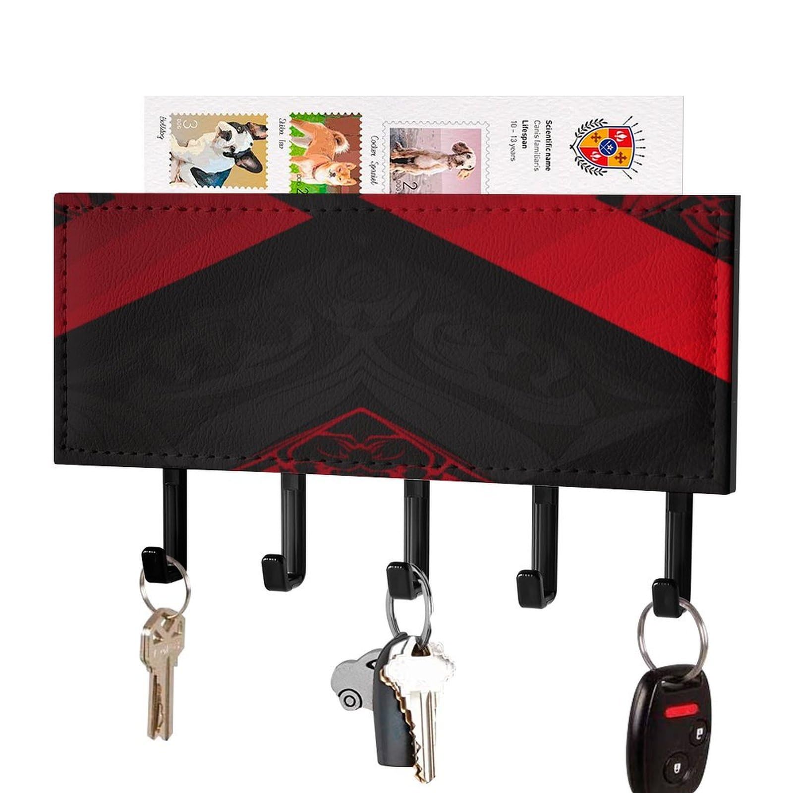 Fekiloot Black-Style Red Black Key Holder For Wall Decorative Mail Organizer With 5 Key Hook Self Adhesive Key Rack With Tray Coat Rack Wall Mount Key Hanger Decor For Entryway Door