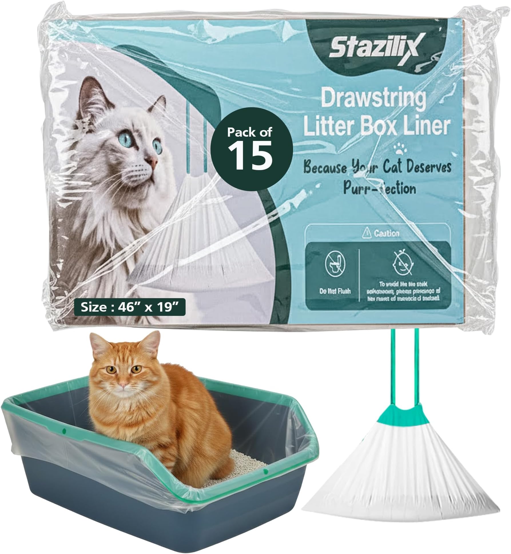 15 Count XL Litter Box Liners 46x19 – Extra Large Litter Box Liners, Cat Litter Box Liners Extra Large, Heavy Duty Jumbo Cat Litter Liners with Leak & Tear Proof Drawstring