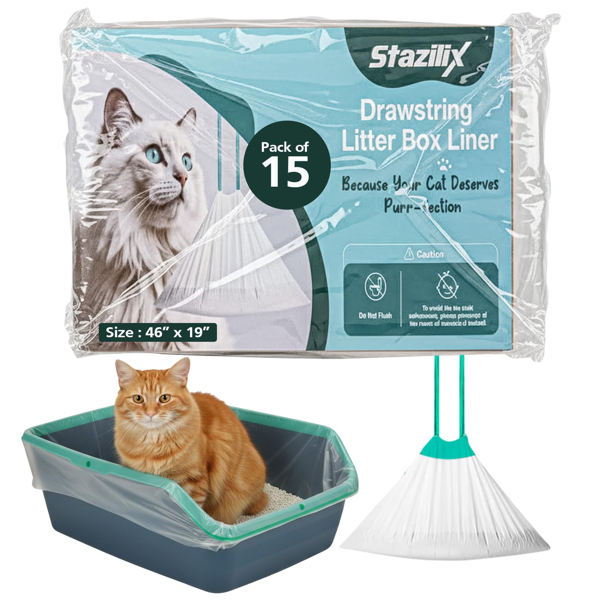 15 Count XL Litter Box Liners 46x19 – Extra Large Litter Box Liners, Cat Litter Box Liners Extra Large, Heavy Duty Jumbo Cat Litter Liners with Leak & Tear Proof Drawstring
