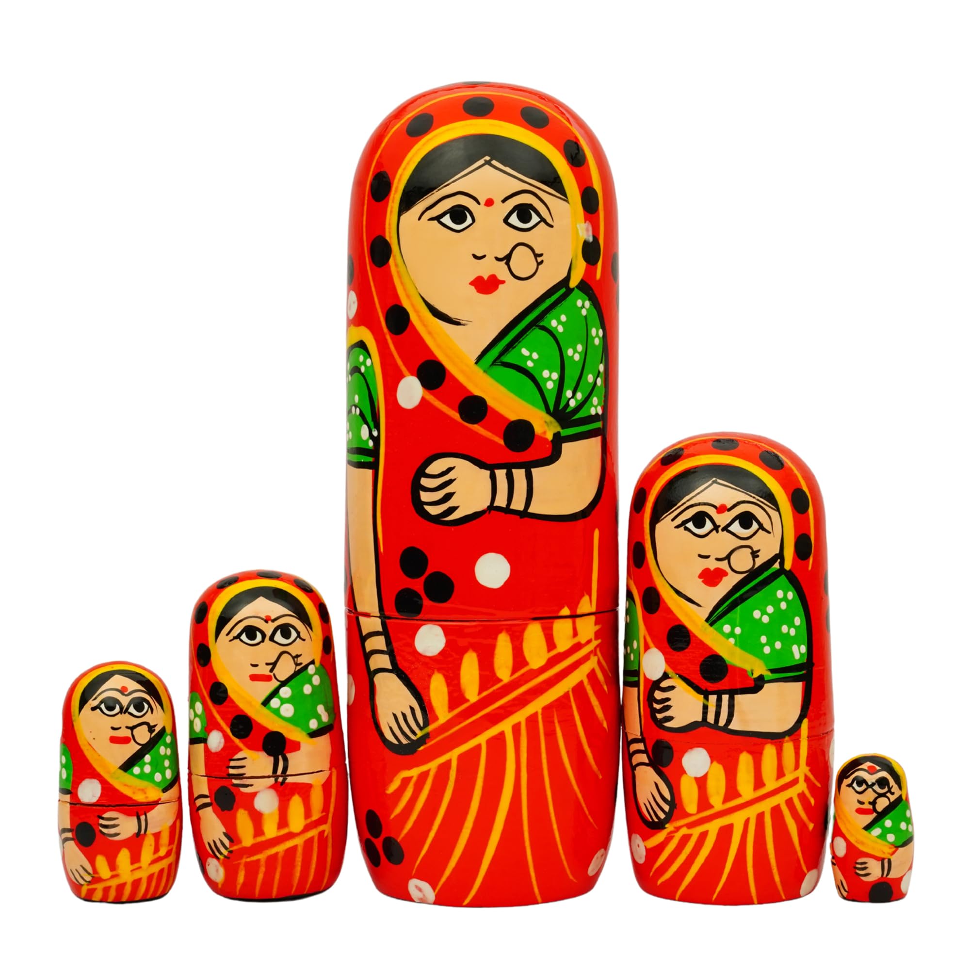 Toolart® Set of 5Pcs Hand Painted Cute Wooden Russian Matryoshka Stacking Nested Wood Dolls Red